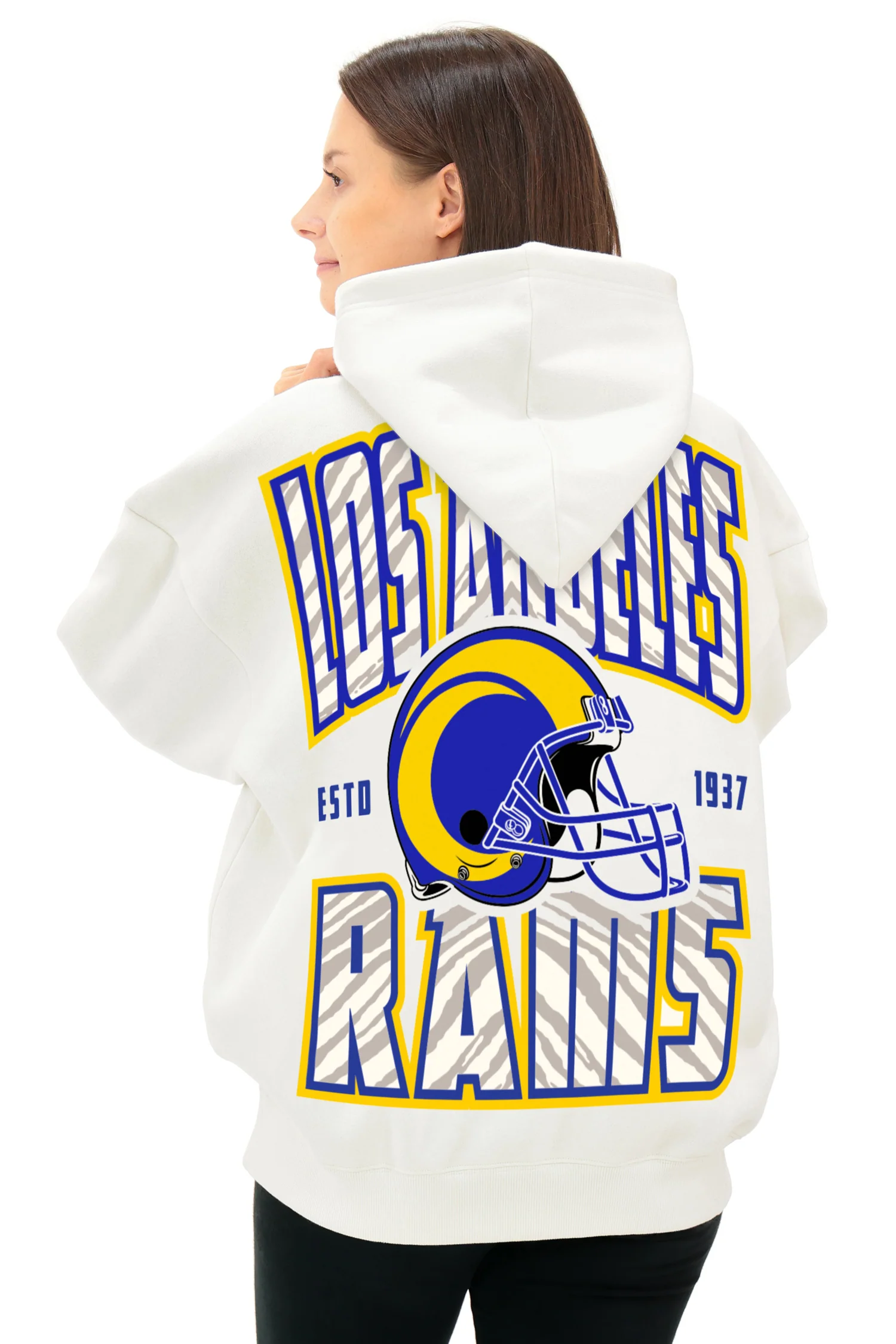 Zubaz NFL  UNISEX 90s Helmet Drop Shoulder Hoodies-Off White, LOS ANGELES RAMS - Image 3