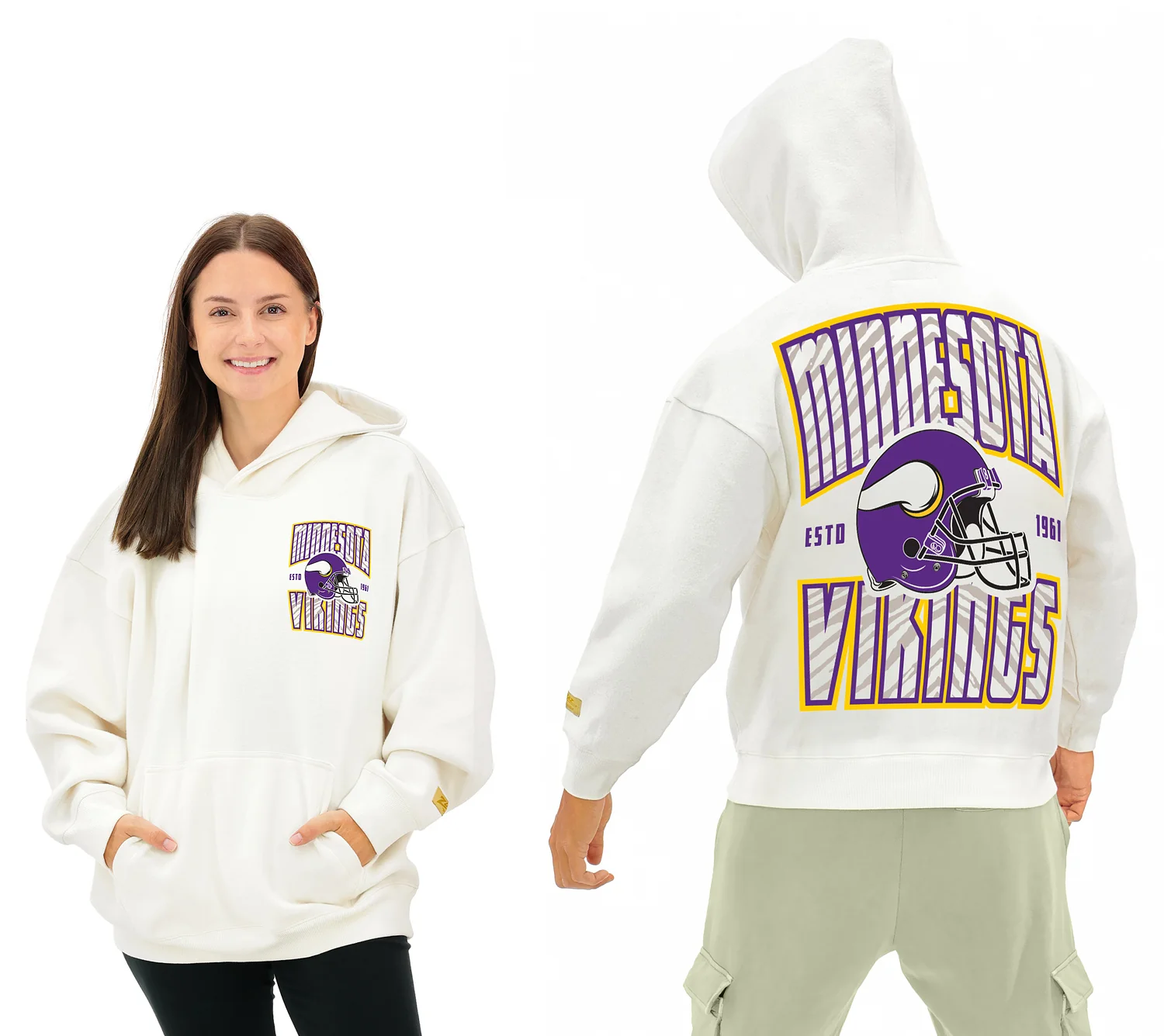 Zubaz NFL UNISEX 90s Helmet Drop Shoulder Hoodies-Off White, MINNESOTA VIKINGS