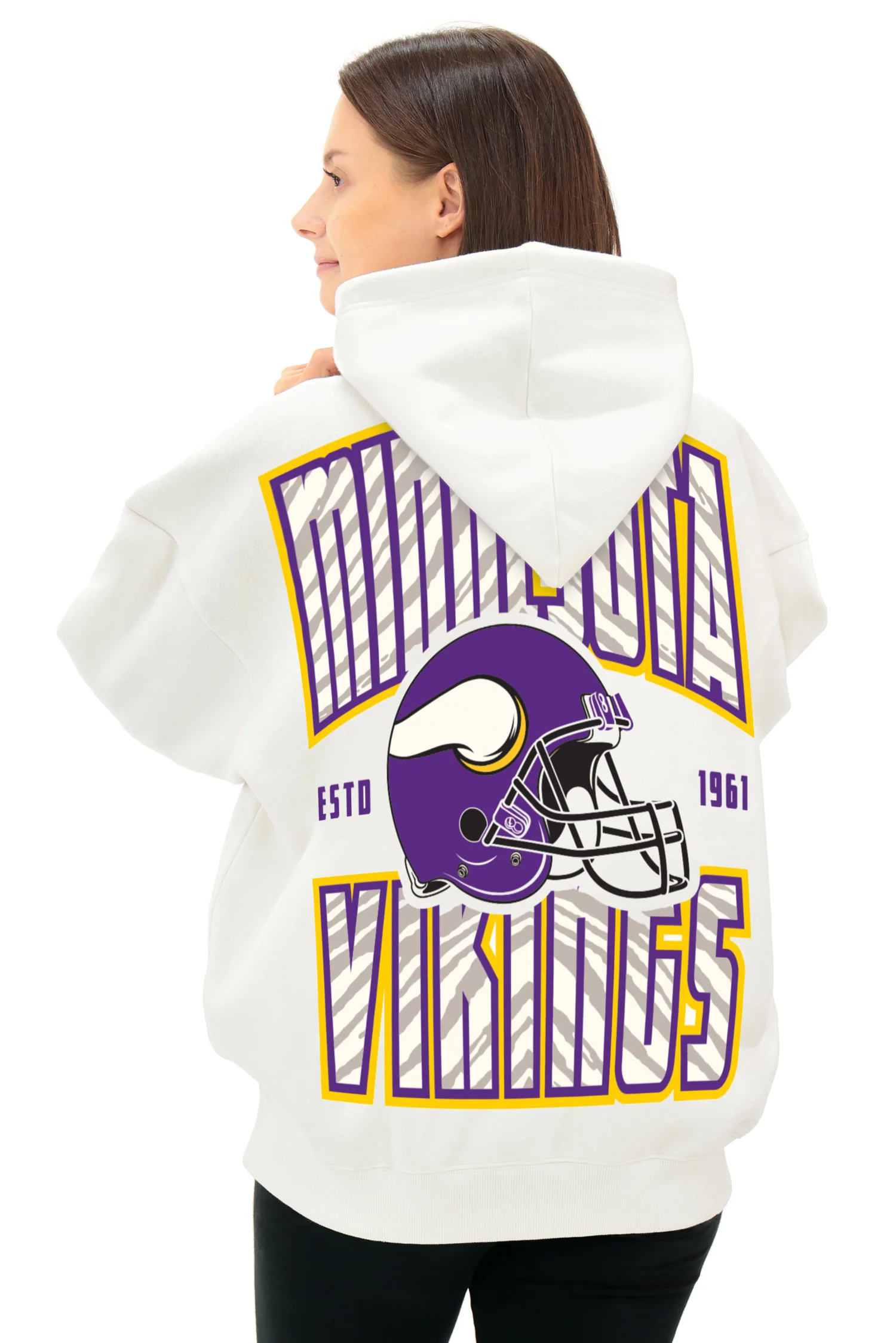Zubaz NFL UNISEX 90s Helmet Drop Shoulder Hoodies-Off White, MINNESOTA VIKINGS - Image 3