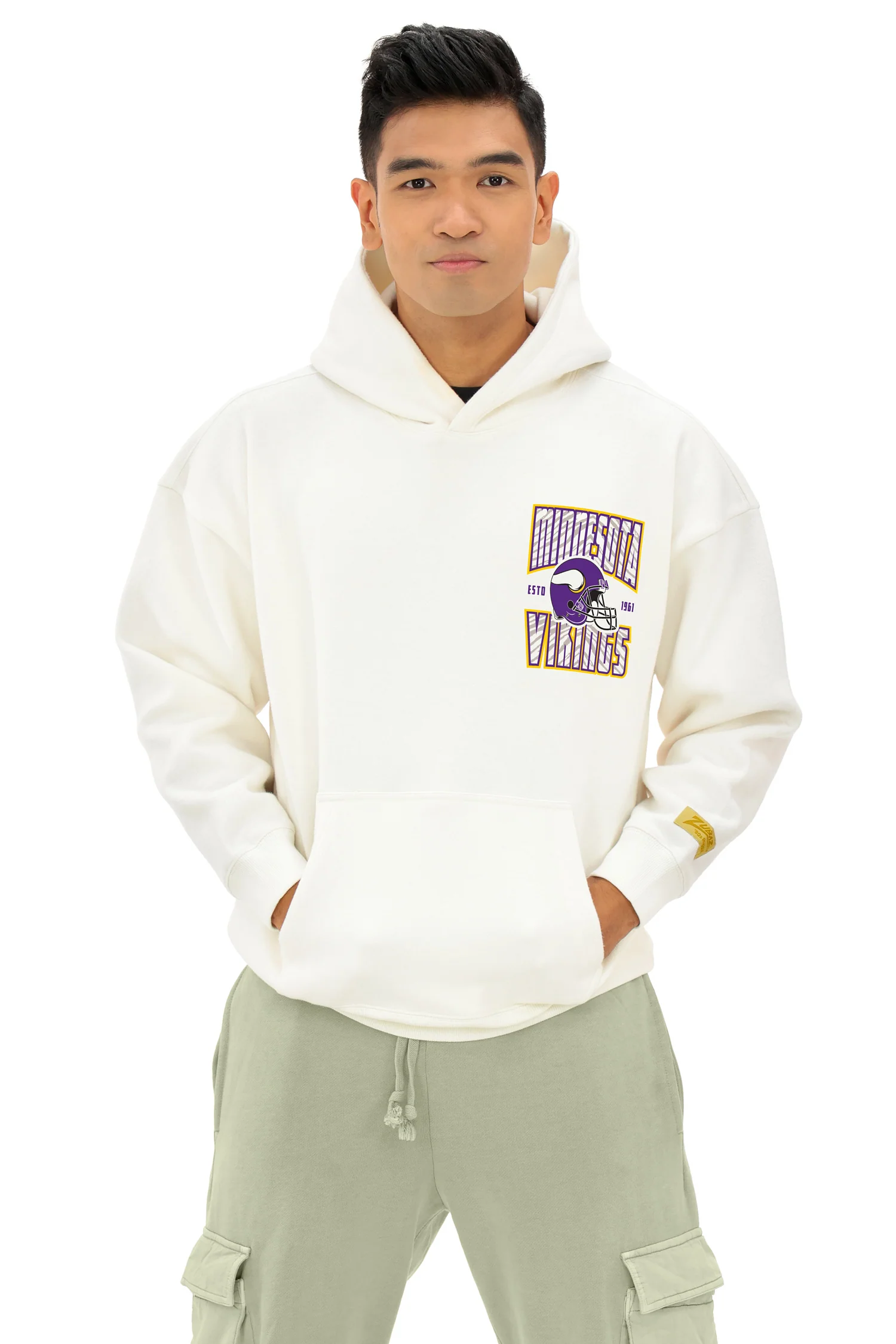 Zubaz NFL UNISEX 90s Helmet Drop Shoulder Hoodies-Off White, MINNESOTA VIKINGS - Image 4