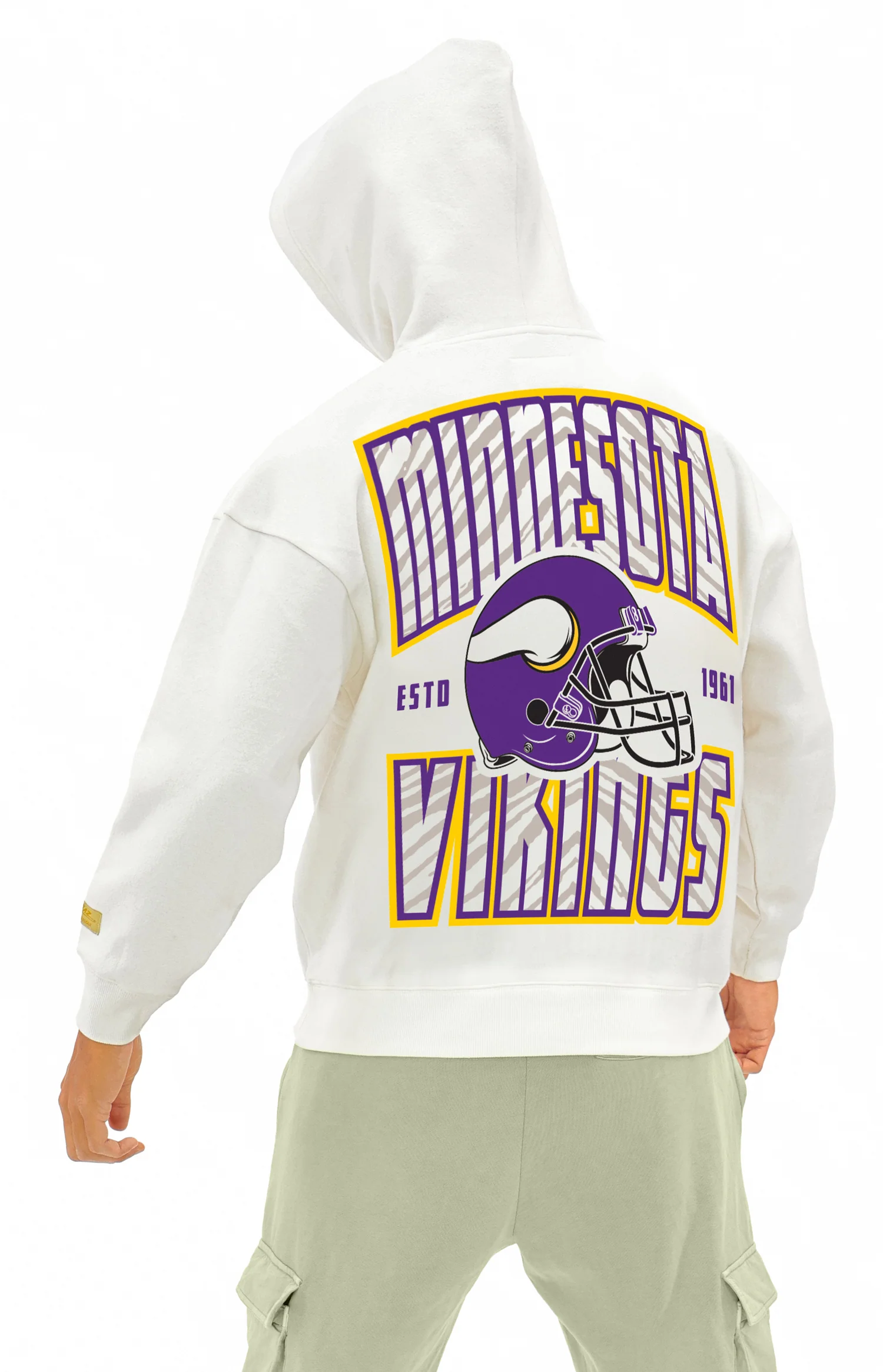 Zubaz NFL UNISEX 90s Helmet Drop Shoulder Hoodies-Off White, MINNESOTA VIKINGS - Image 5