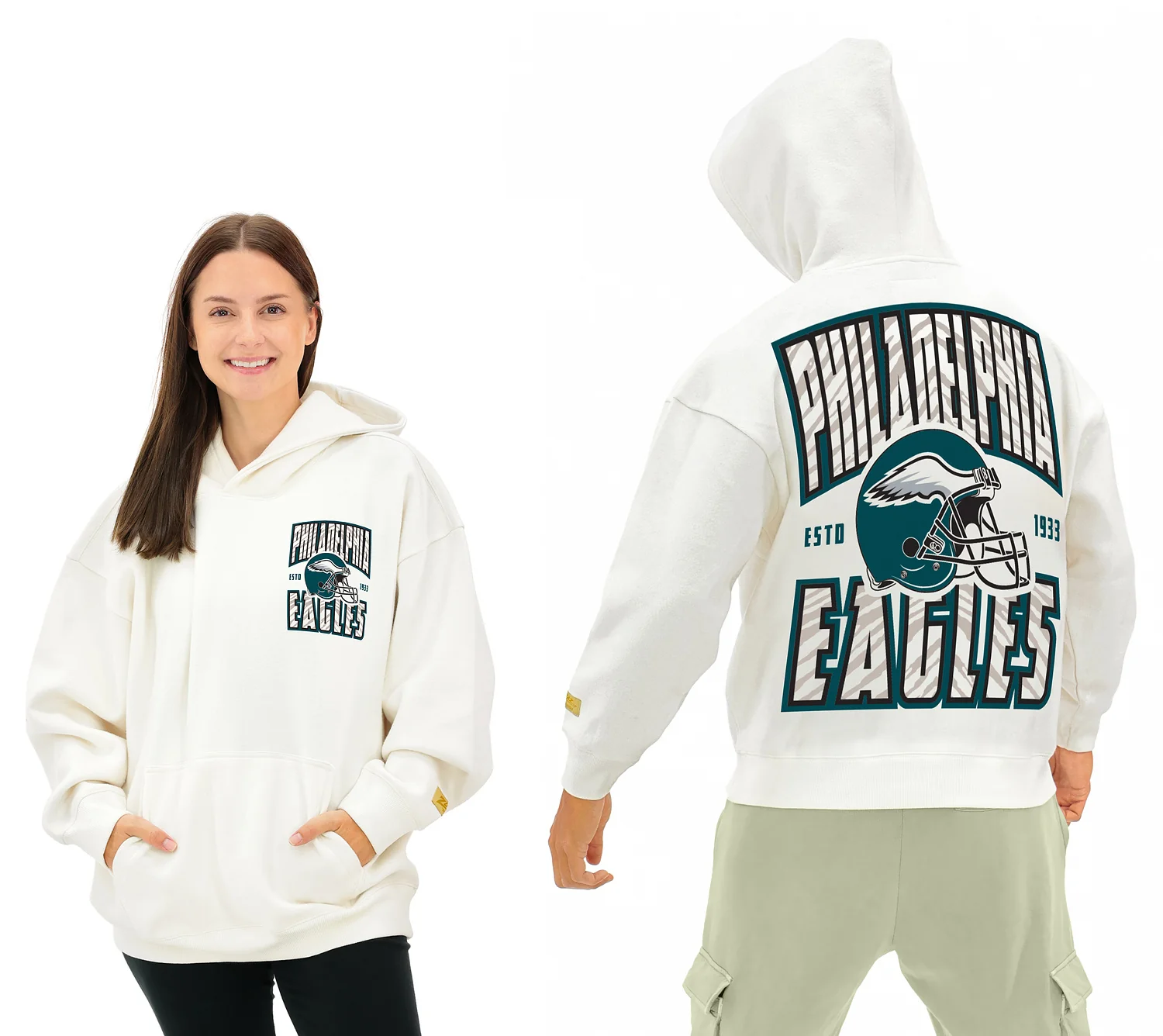 Zubaz NFL UNISEX 90s Helmet Drop Shoulder Hoodies-Off White, PHILADELPHIA EAGLES
