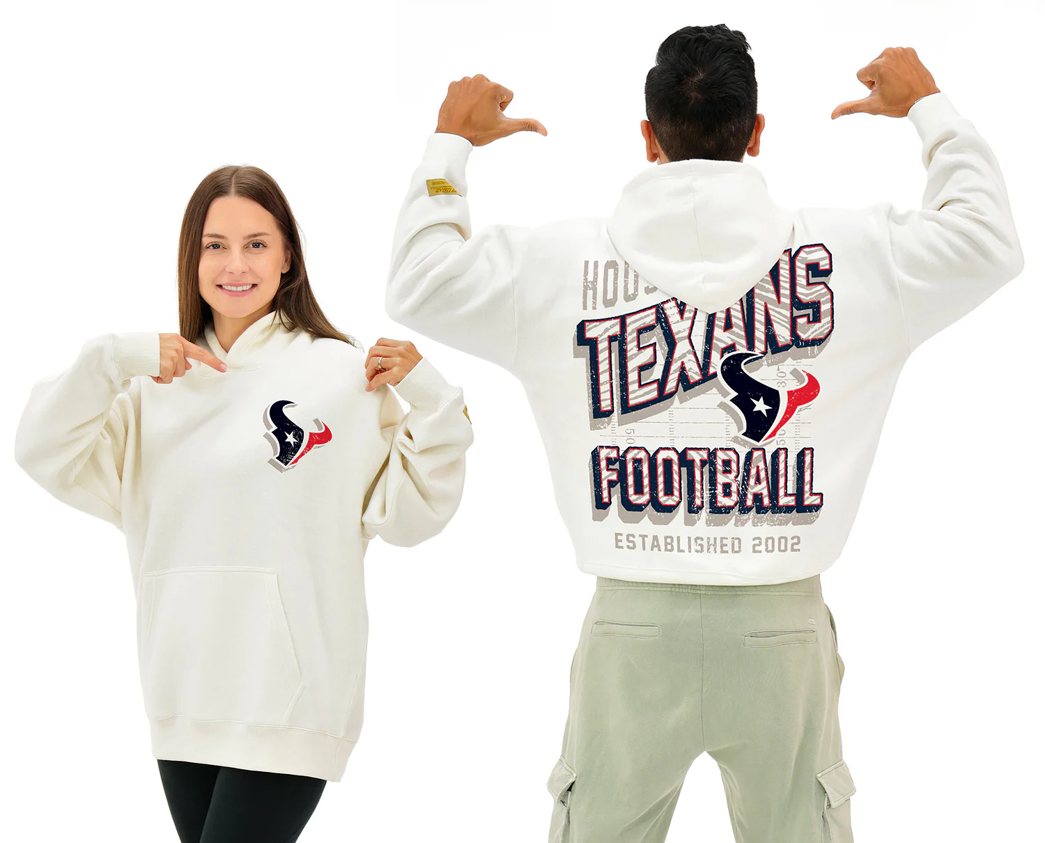 Zubaz NFL UNISEX 90s Vintage First Down Drop Shoulder Hoodie- Off White, HOUSTON TEXANS