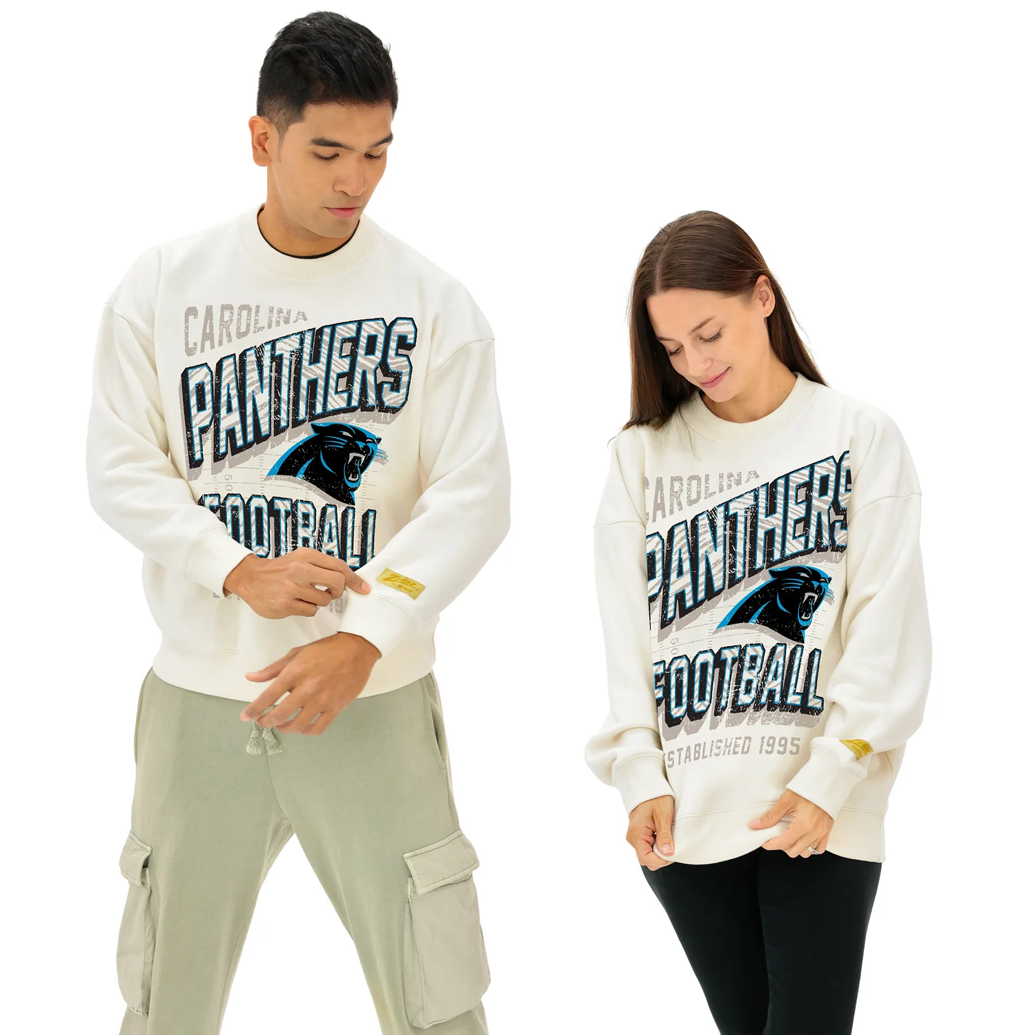 Zubaz NFL UNISEX 90s Vintage First Down Drop Shoulder Crewneck- Off White, CAROLINA PANTHERS - Image 14