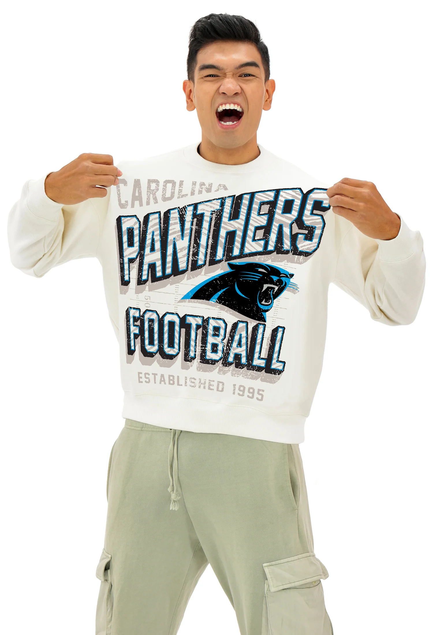 Zubaz NFL UNISEX 90s Vintage First Down Drop Shoulder Crewneck- Off White, CAROLINA PANTHERS - Image 4