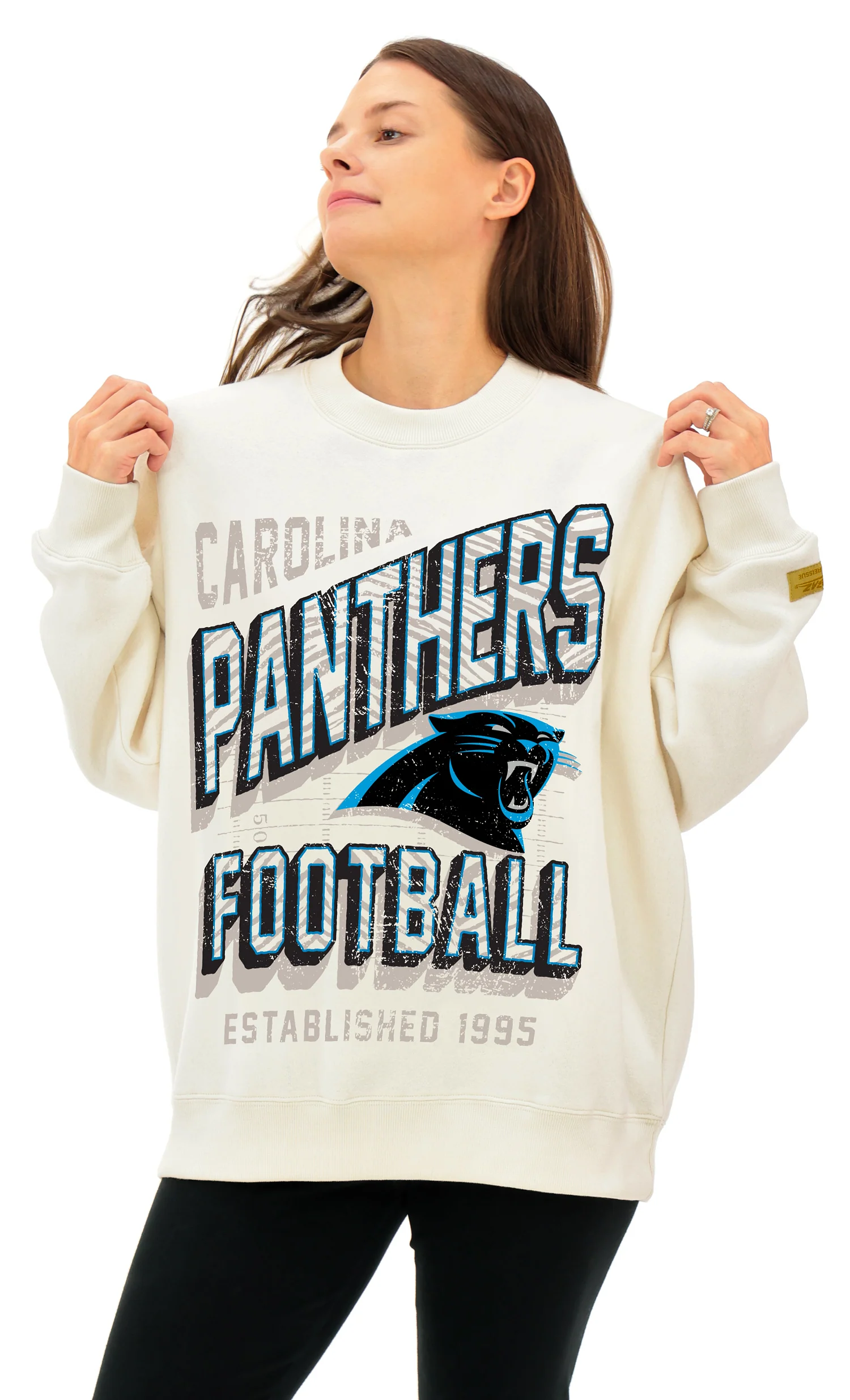 Zubaz NFL UNISEX 90s Vintage First Down Drop Shoulder Crewneck- Off White, CAROLINA PANTHERS - Image 8