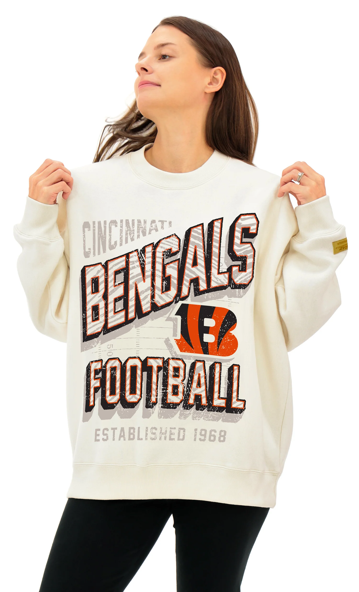 Zubaz NFL UNISEX 90s Vintage First Down Drop Shoulder Crewneck- Off White, CINCINNATI BENGALS - Image 8