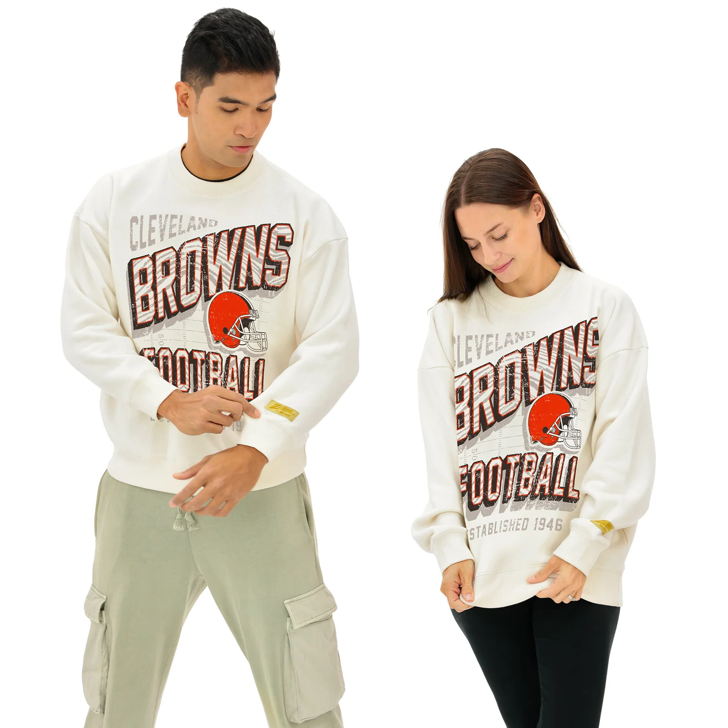Zubaz NFL UNISEX 90s Vintage First Down Drop Shoulder Crewneck- Off White, CLEVELAND BROWNS