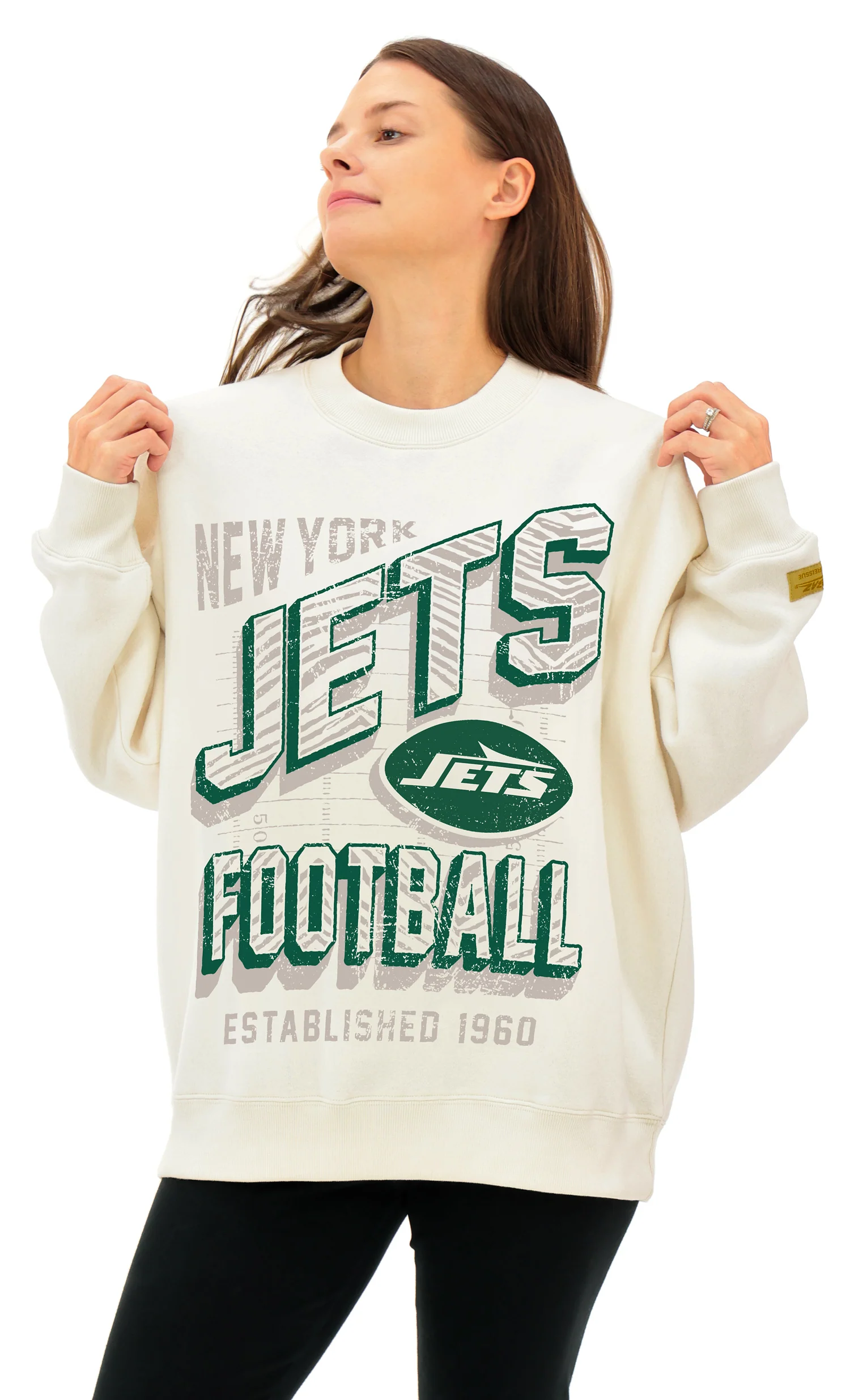 Zubaz NFL UNISEX 90s Vintage First Down Drop Shoulder Crewneck- Off White, NEW YORK JETS - Image 2