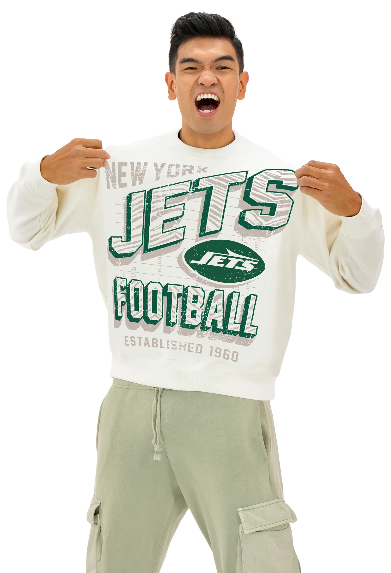 Zubaz NFL UNISEX 90s Vintage First Down Drop Shoulder Crewneck- Off White, NEW YORK JETS - Image 4