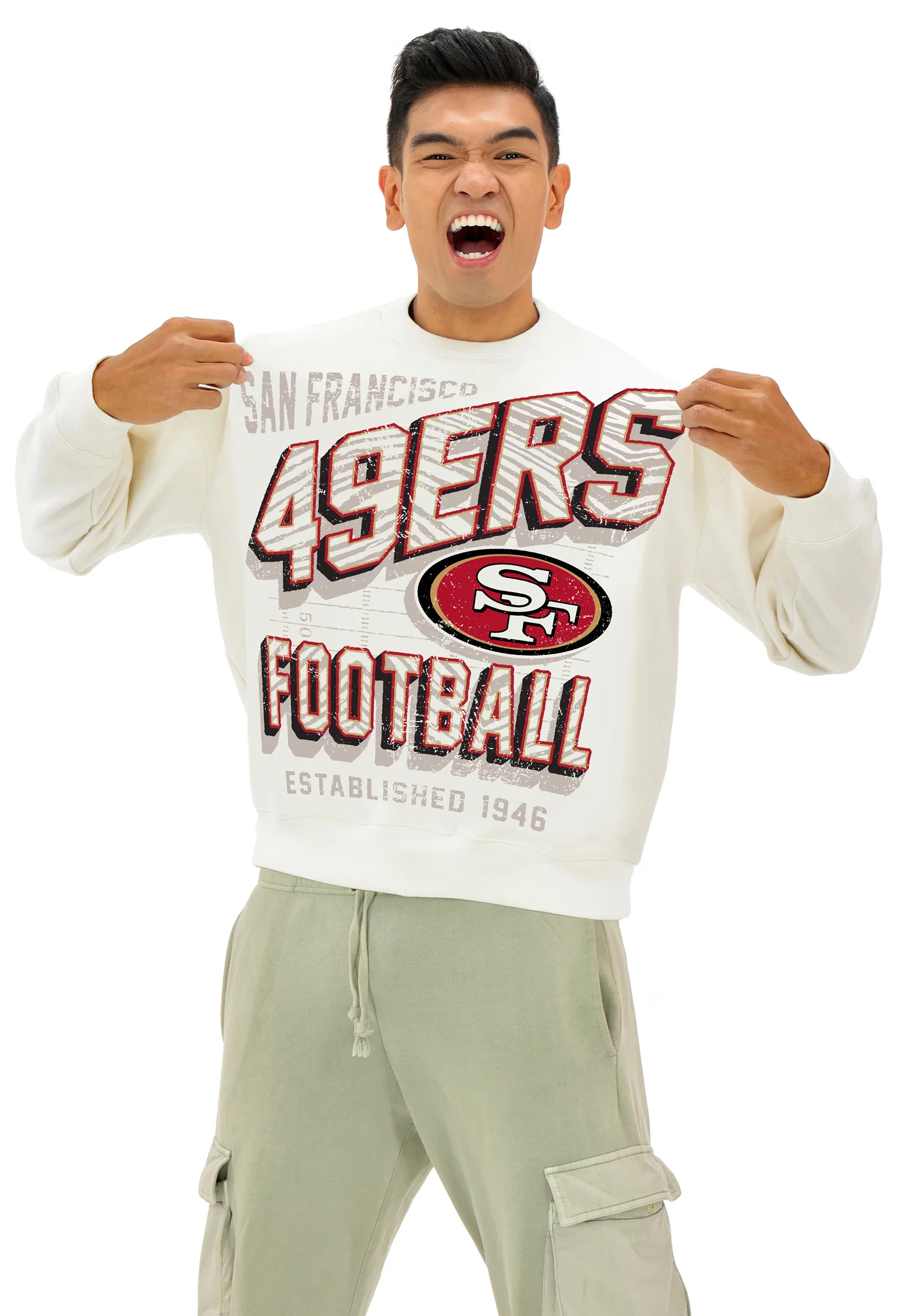 Zubaz NFL  UNISEX 90s Vintage First Down Drop Shoulder Crewneck- Off White, SAN FRANCISCO 49ERS - Image 4