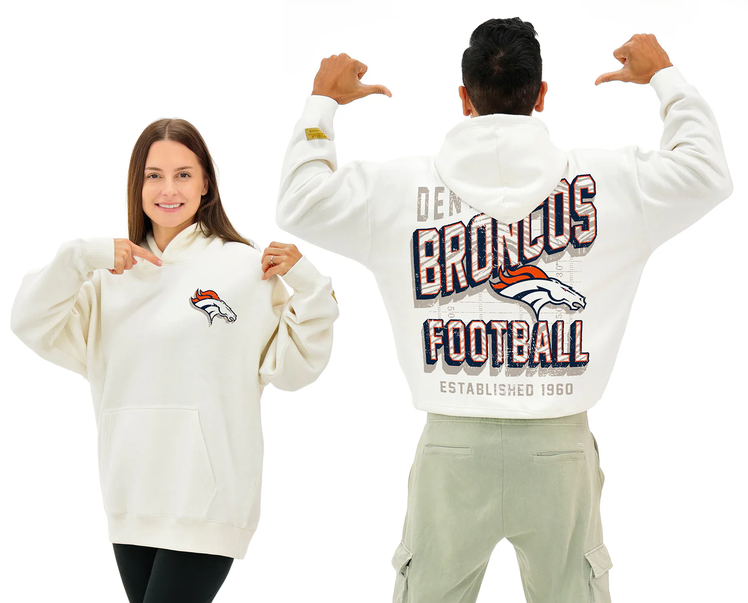 Zubaz NFL  UNISEX 90s Vintage First Down Drop Shoulder Hoodie- Off White, DENVER BRONCOS - Image 14