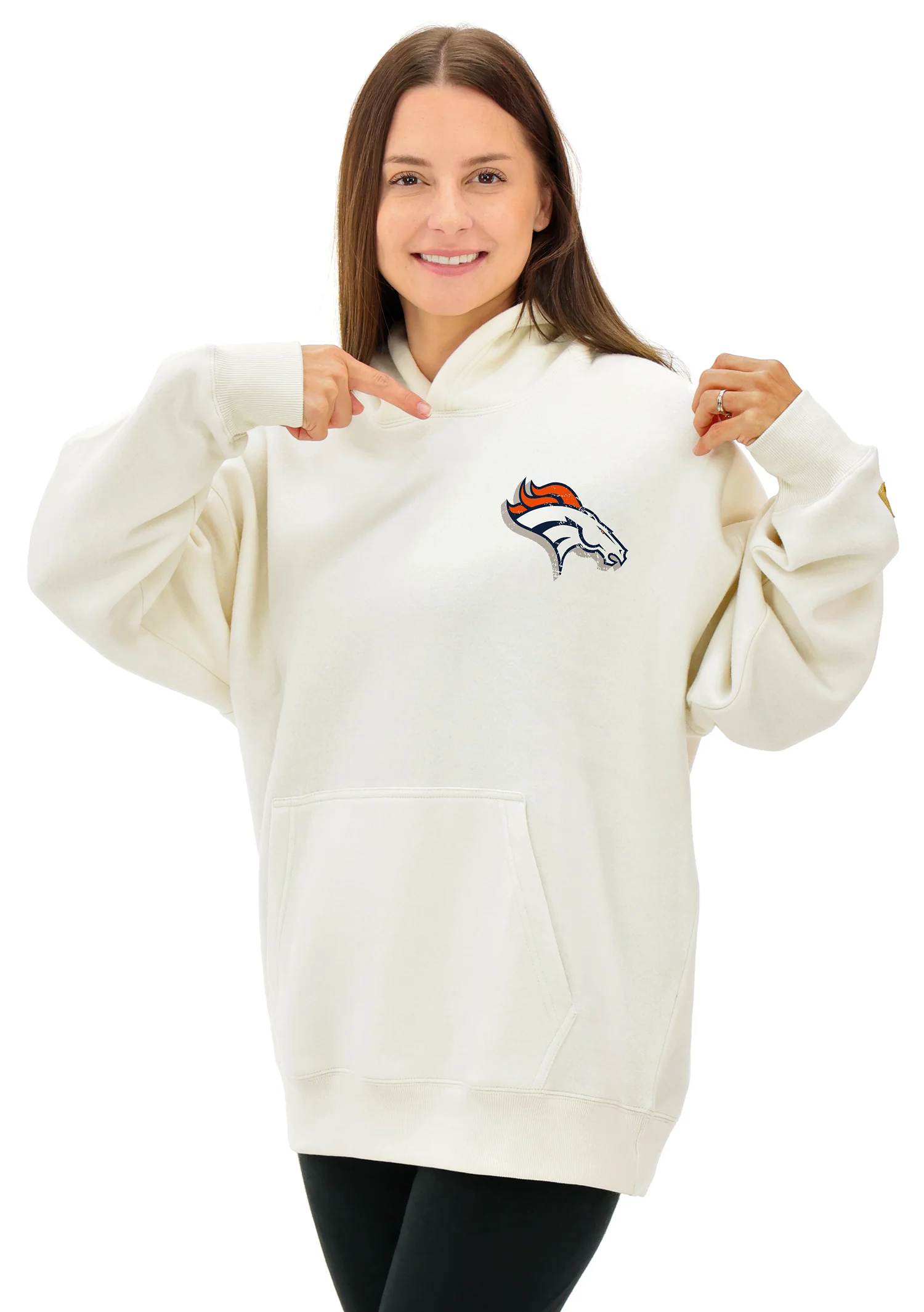 Zubaz NFL  UNISEX 90s Vintage First Down Drop Shoulder Hoodie- Off White, DENVER BRONCOS - Image 2