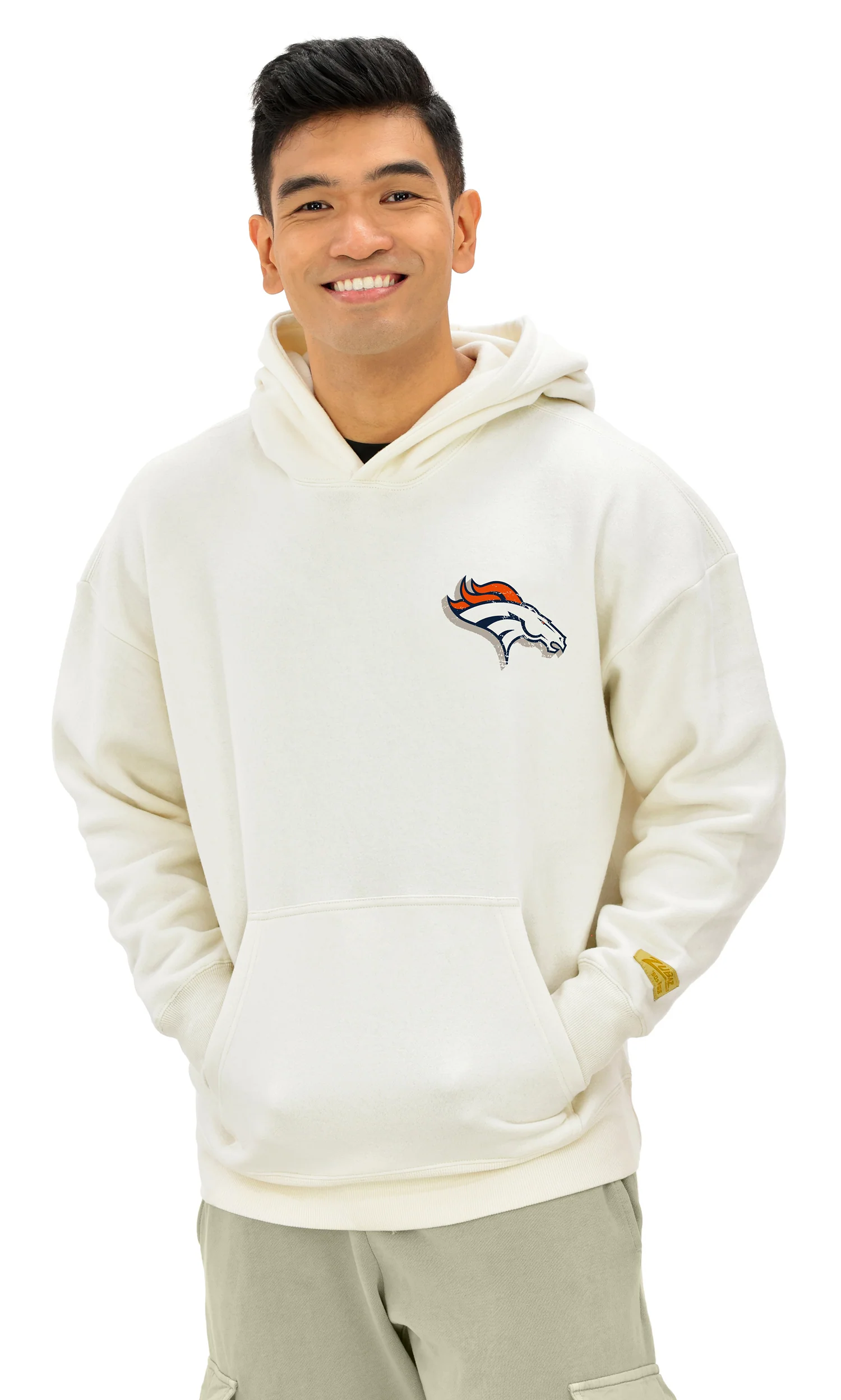 Zubaz NFL  UNISEX 90s Vintage First Down Drop Shoulder Hoodie- Off White, DENVER BRONCOS - Image 4