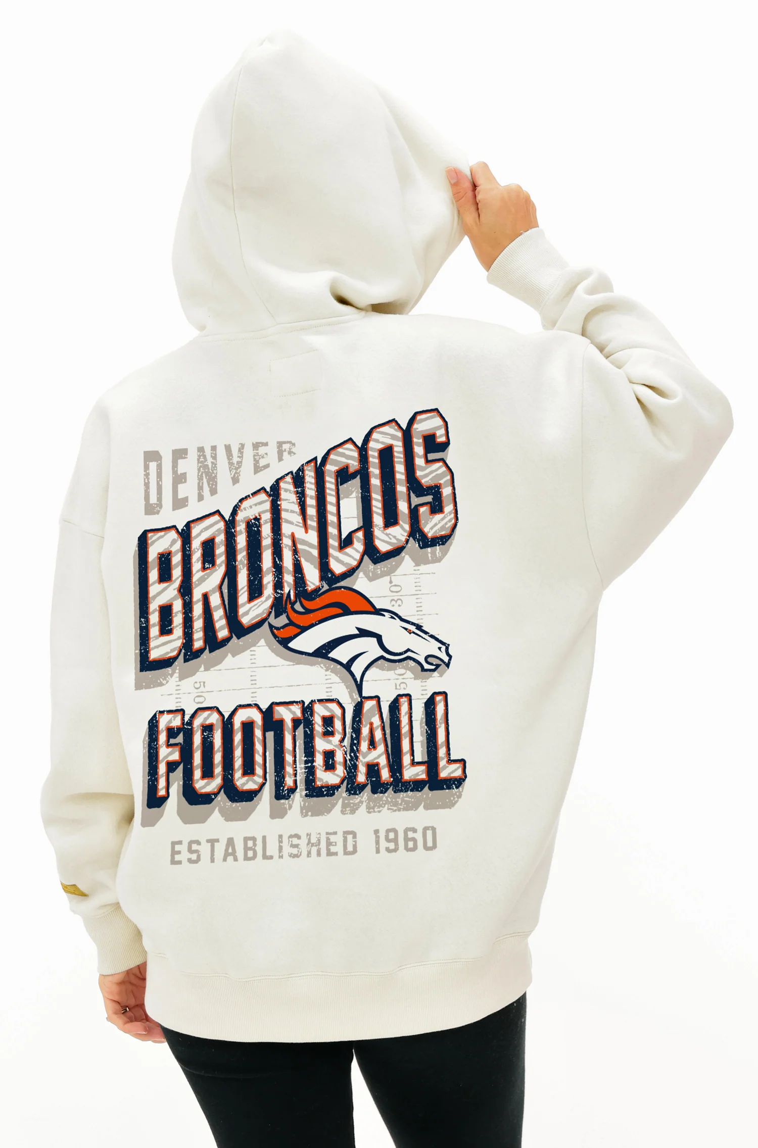 Zubaz NFL  UNISEX 90s Vintage First Down Drop Shoulder Hoodie- Off White, DENVER BRONCOS - Image 9