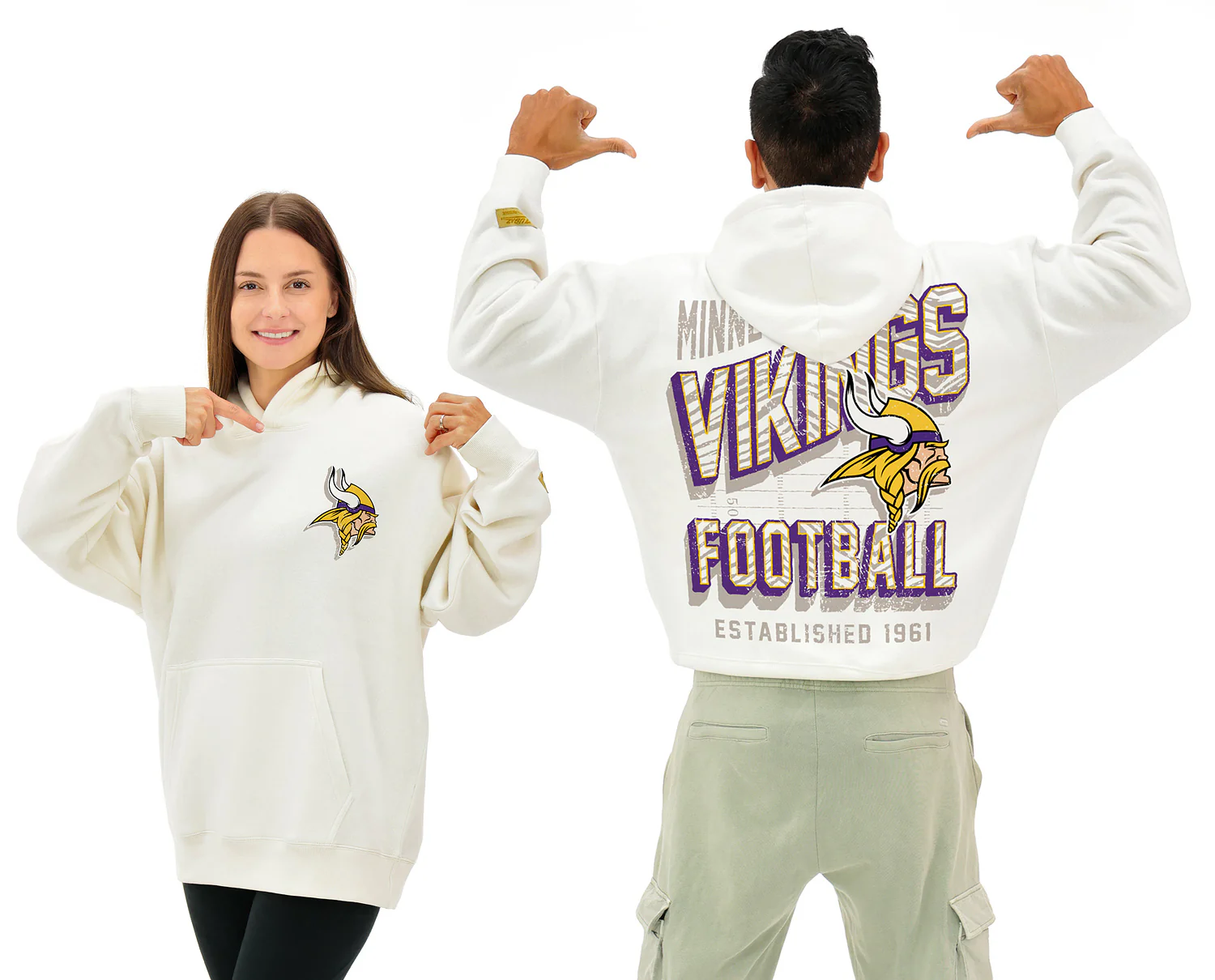 Zubaz NFL UNISEX 90s Vintage First DownDrop Shoulder Hoodie- Off White, MINNESOTA VIKINGS - Image 13