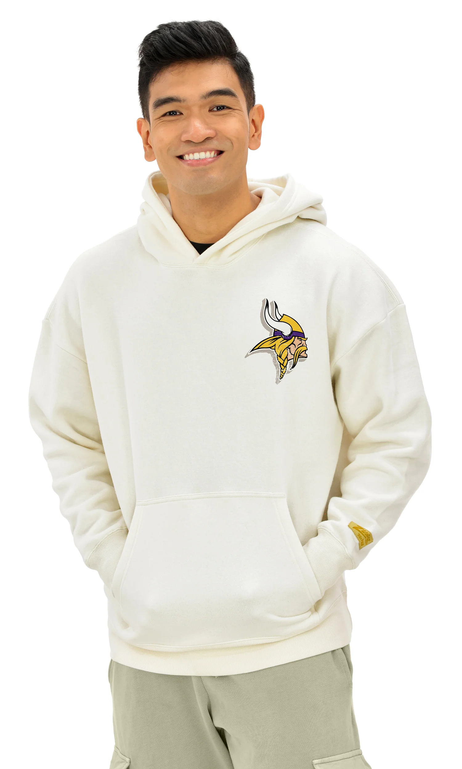 Zubaz NFL UNISEX 90s Vintage First DownDrop Shoulder Hoodie- Off White, MINNESOTA VIKINGS - Image 4
