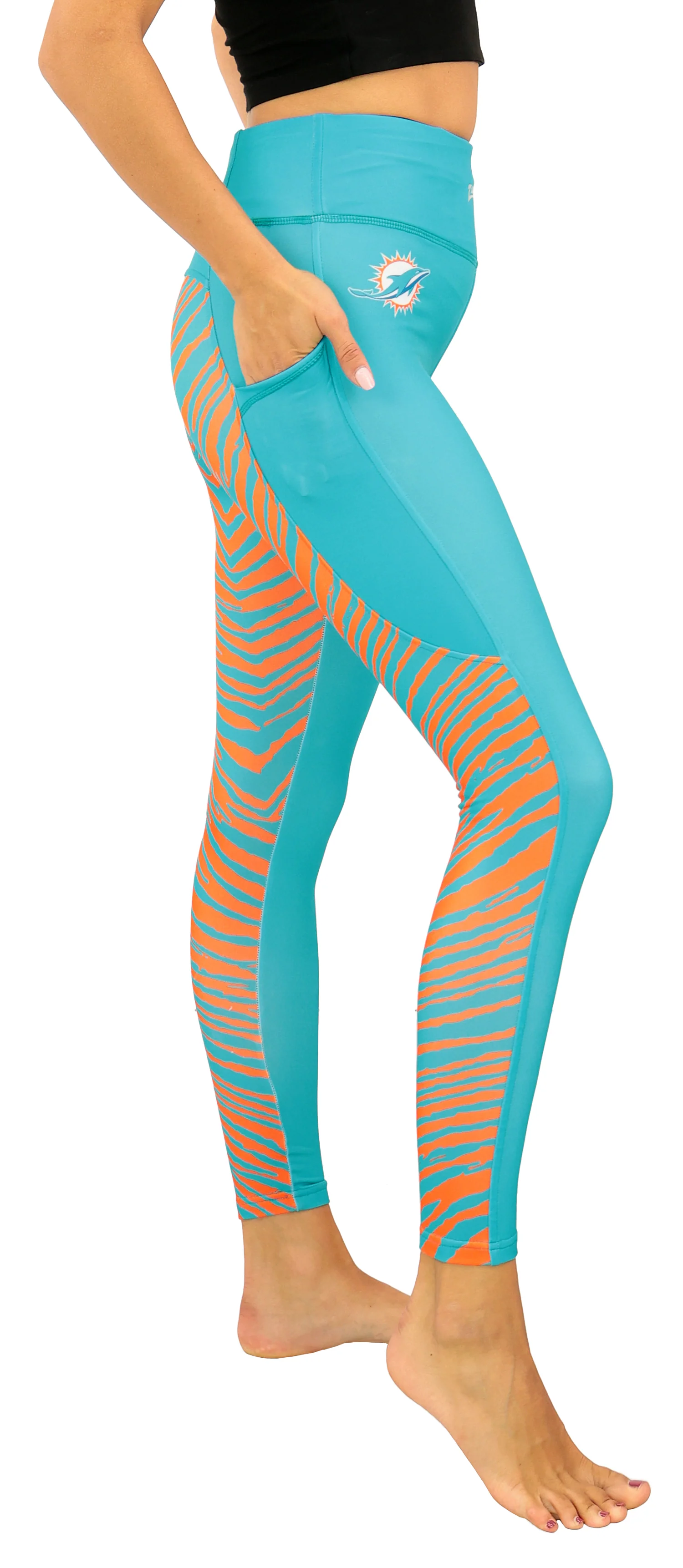 Zubaz NFL Women's 2 Color Zebra Fleece Lined Leggings, Miami Dolphins - Image 3