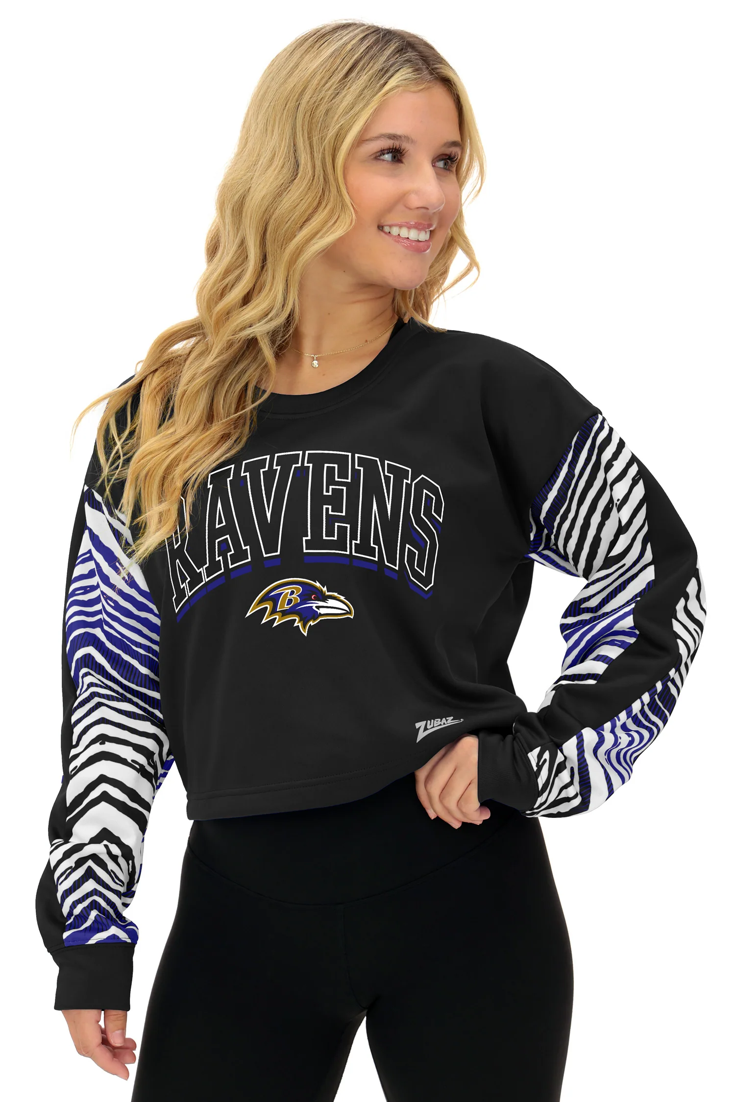 Zubaz NFL Women's Classic Arch Crop Top with Zebra Ombre Sleeves, BALTIMORE RAVENS - Image 9