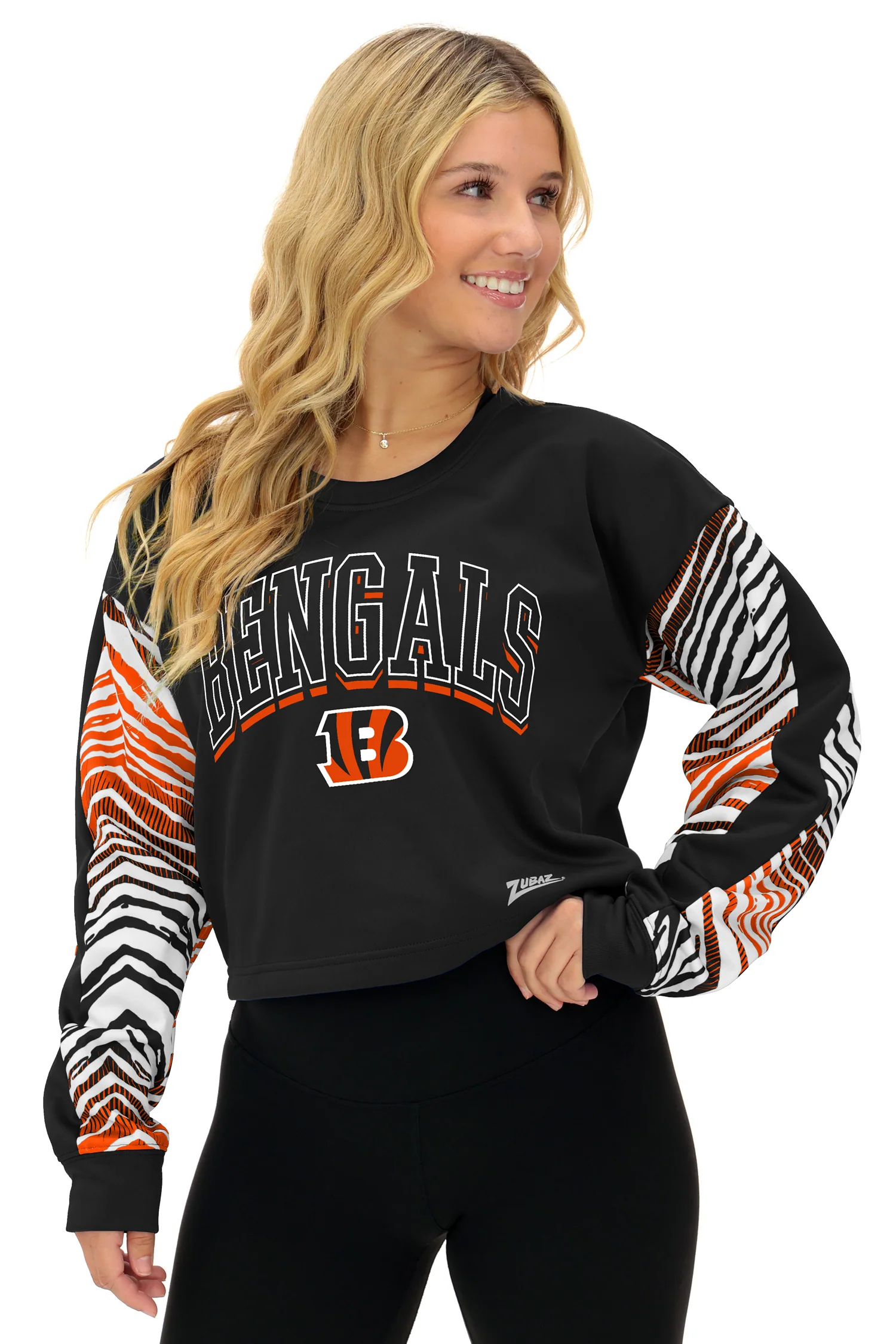 Zubaz NFL Women's Classic Arch Crop Top with Zebra Ombre Sleeves, CINCINNATI BENGALS - Image 29