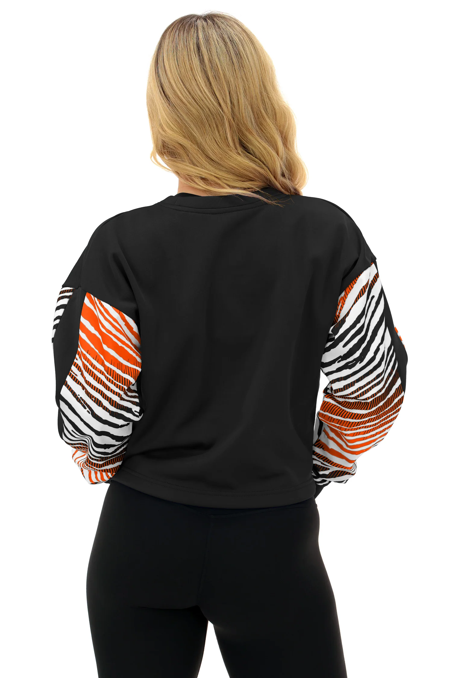Zubaz NFL Women's Classic Arch Crop Top with Zebra Ombre Sleeves, CINCINNATI BENGALS - Image 3