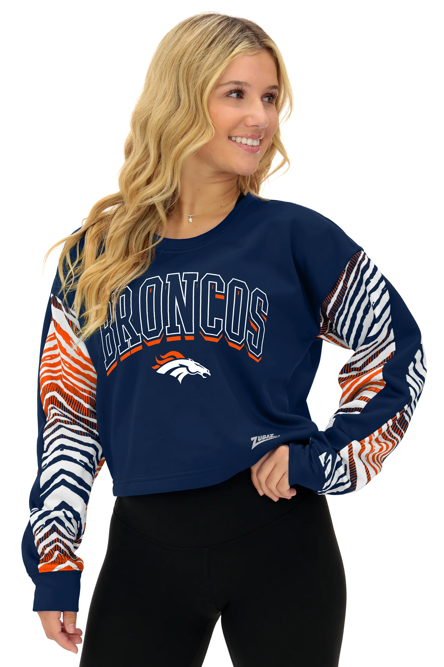 Zubaz NFL   Women's Classic Arch Crop Top with Zebra Ombre Sleeves, DENVER BRONCOS - Image 17