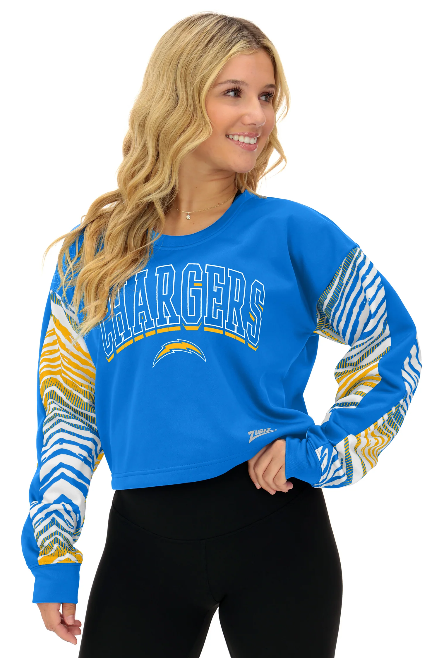 Zubaz NFL Women's Classic Arch Crop Top with Zebra Ombre Sleeves, LOS ANGELES CHARGERS - Image 17