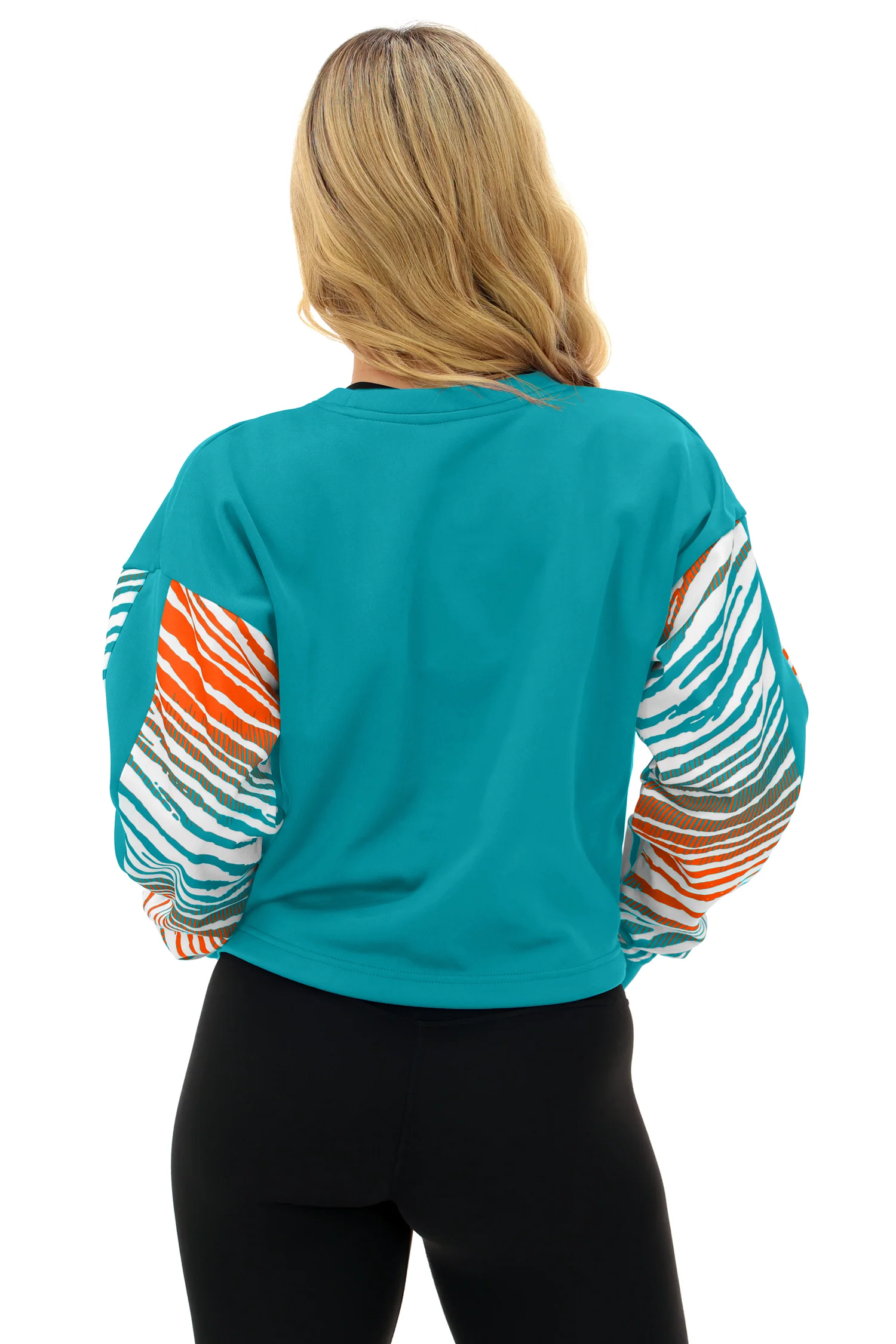 Zubaz NFL Women's Classic Arch Crop Top with Zebra Ombre Sleeves, MIAMI DOLPHINS - Image 18