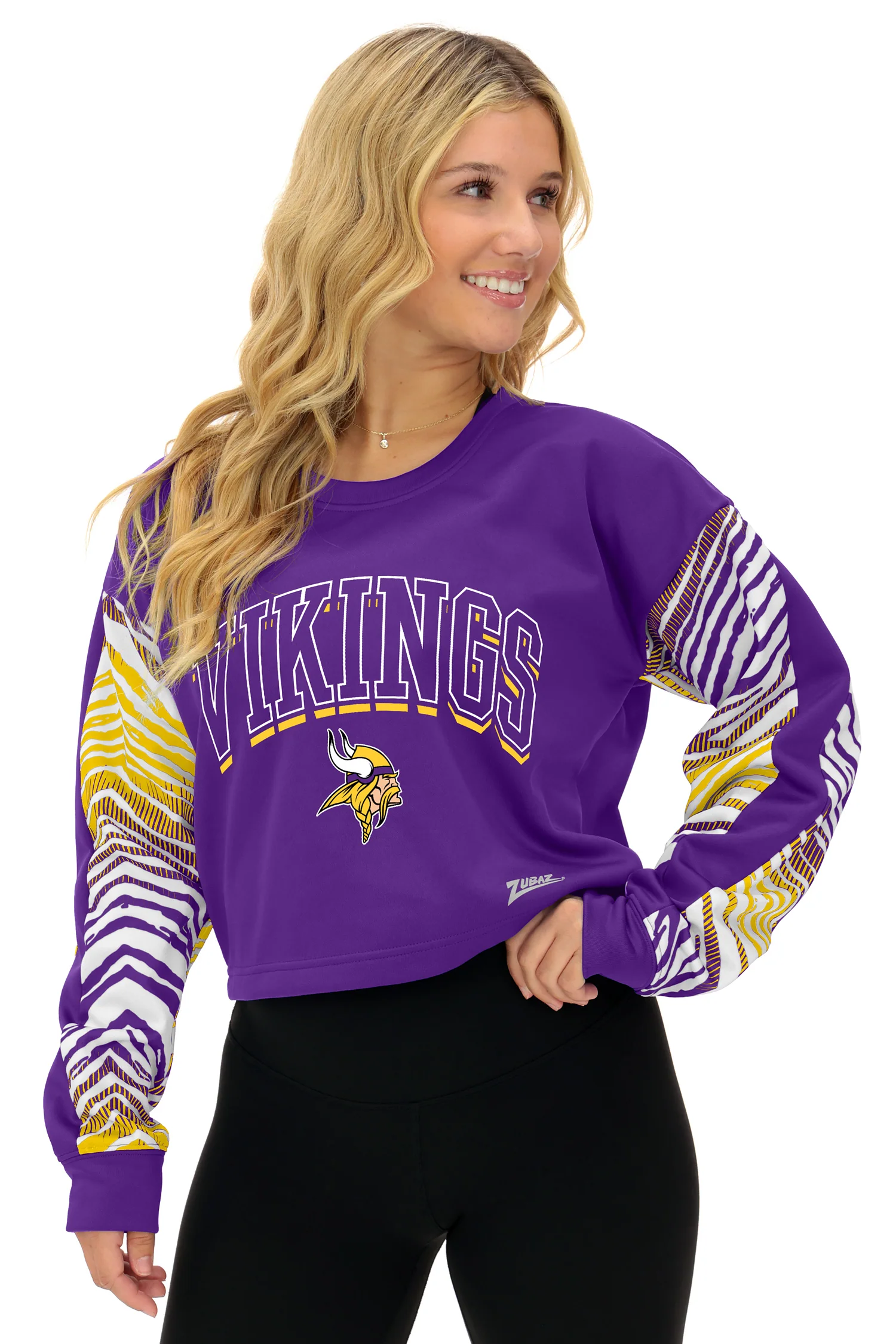 Zubaz NFL Women's Classic Arch Crop Top with Zebra Ombre Sleeves, MINNESOTA VIKINGS - Image 2