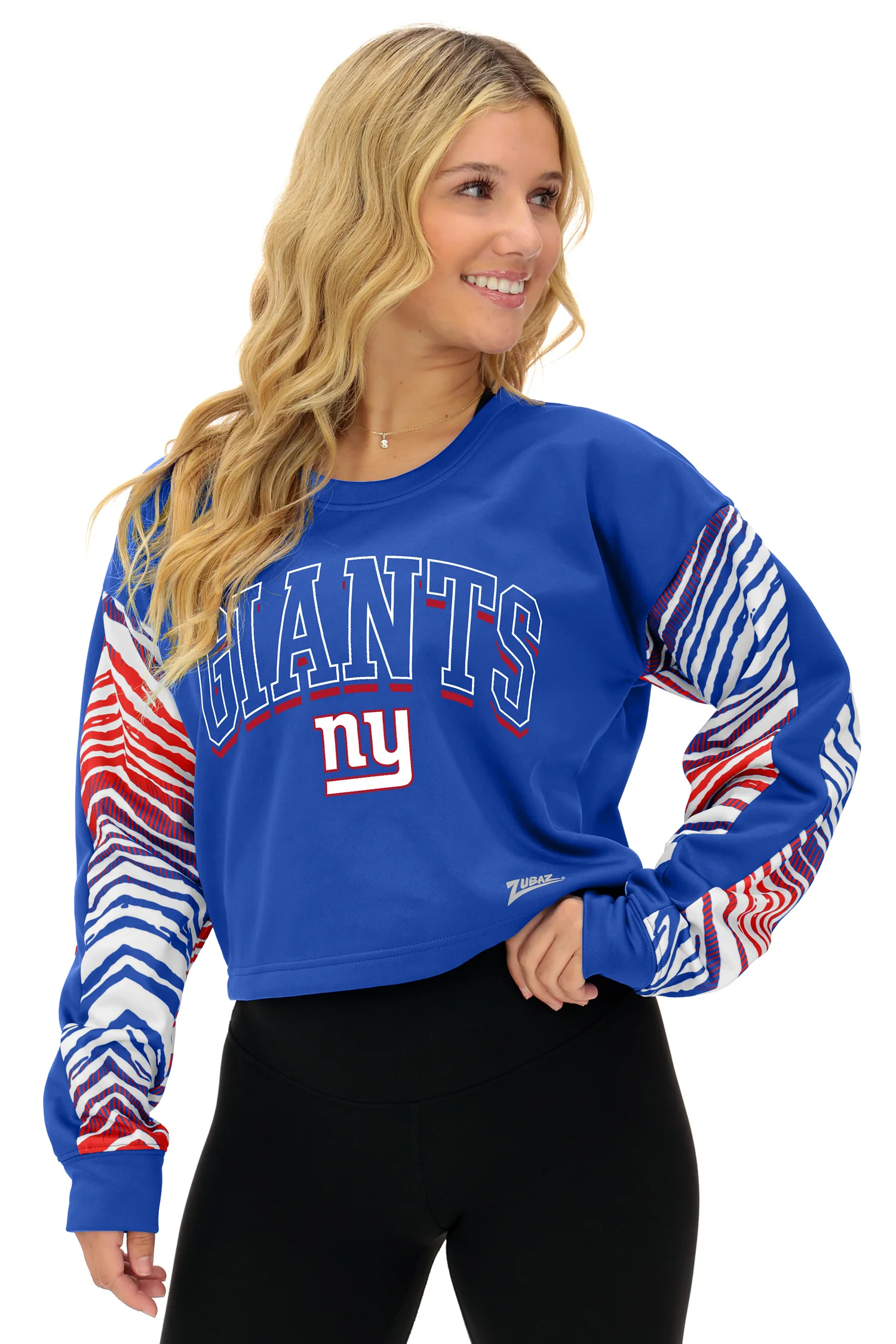 Zubaz NFL Women's Classic Arch Crop Top with Zebra Ombre Sleeves, NEW YORK GIANTS