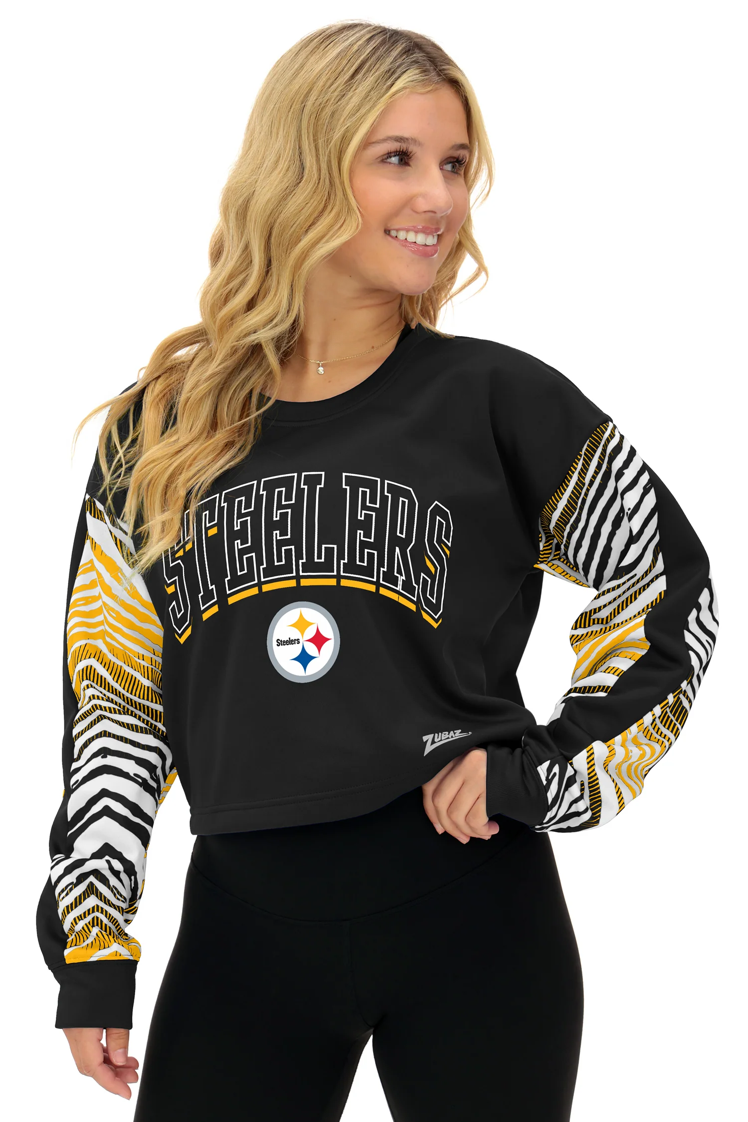 Zubaz NFL Women's Classic Arch Crop Top with Zebra Ombre Sleeves, PITTSBURGH STEELERS - Image 25