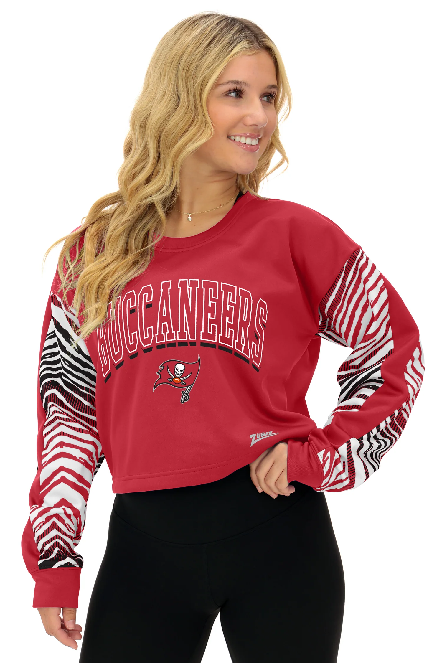 Zubaz NFL Women's Classic Arch Crop Top with Zebra Ombre Sleeves, TAMPA BAY BUCCANEERS - Image 9