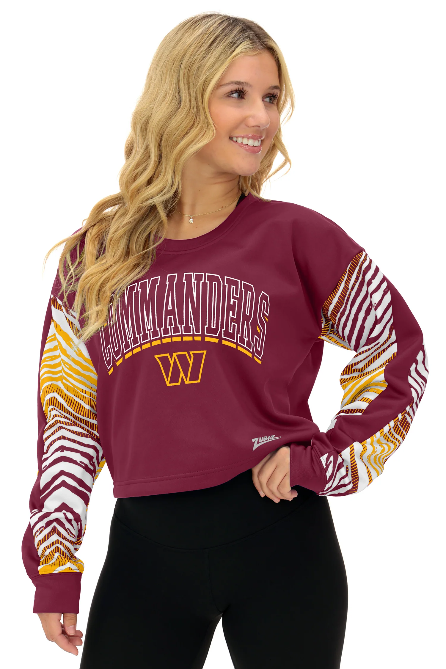 Zubaz NFL   Women's Classic Arch Crop Top with Zebra Ombre Sleeves, WASHINGTON COMMANDERS - Image 9