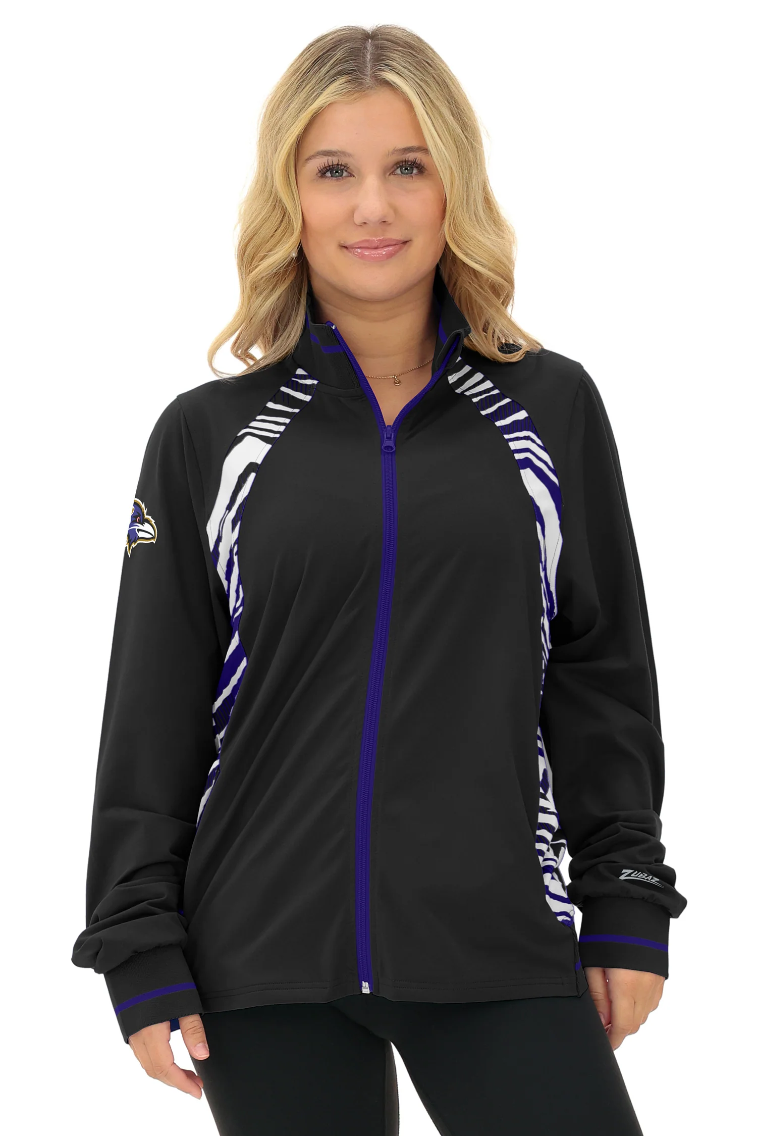 Zubaz NFL Women's Elevated Zebra Ombre Mock Track Full Zip Top, BALTIMORE RAVENS - Image 2