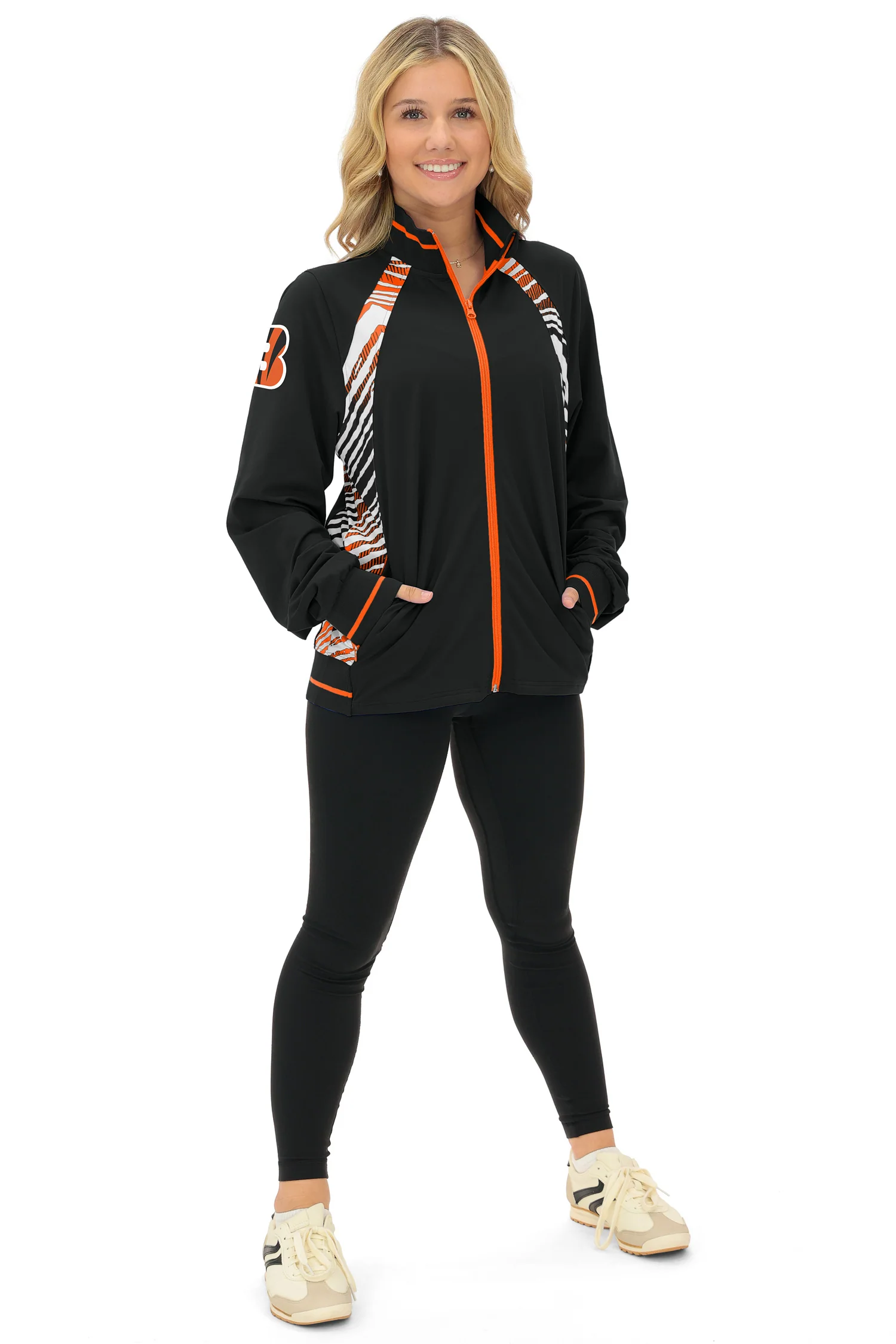 Zubaz NFL Women's Elevated Zebra Ombre Mock Track Full Zip Top, CINCINNATI BENGALS - Image 5