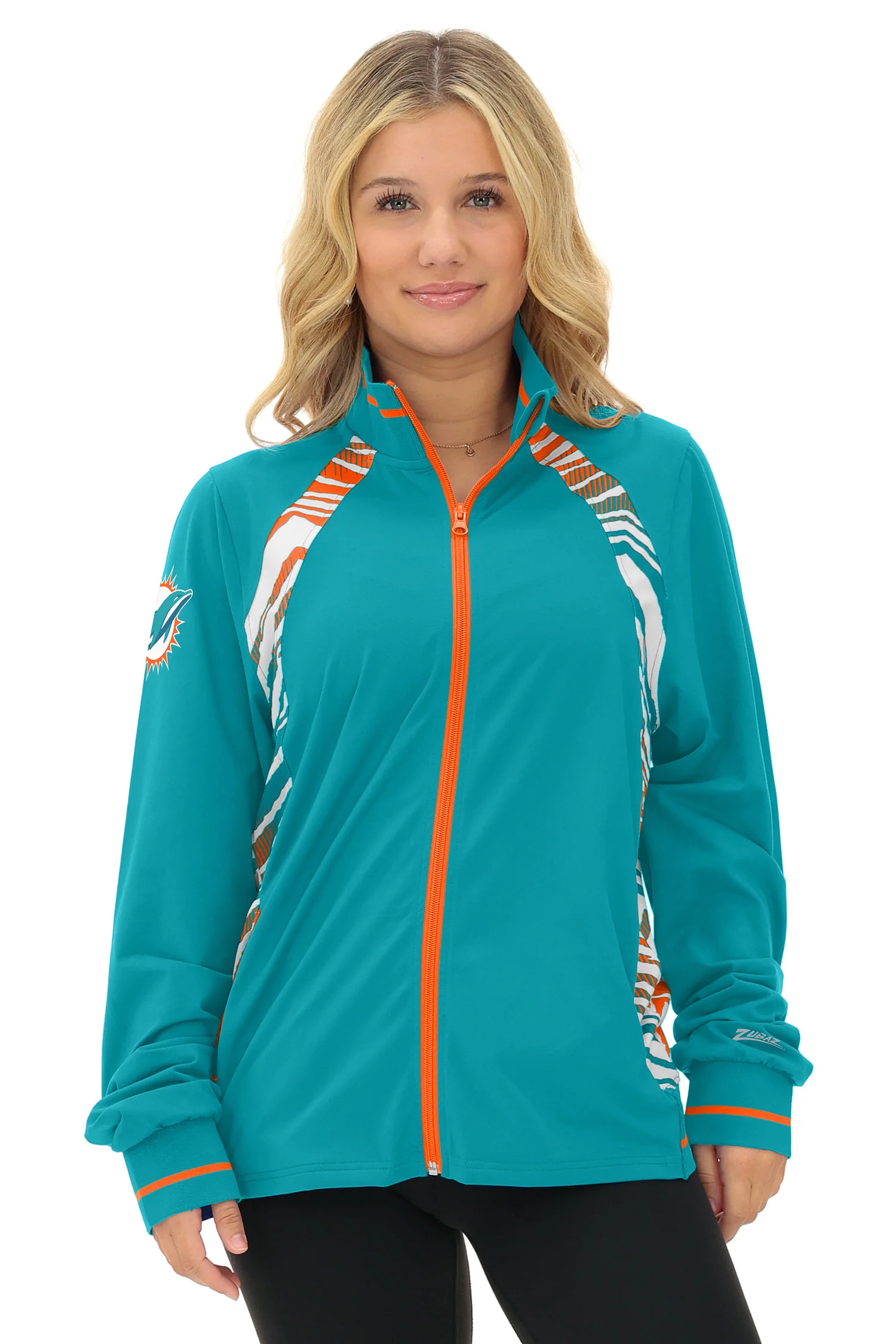 Zubaz NFL  Women's Elevated Zebra Ombre Mock Track Full Zip Top, MIAMI DOLPHINS - Image 7