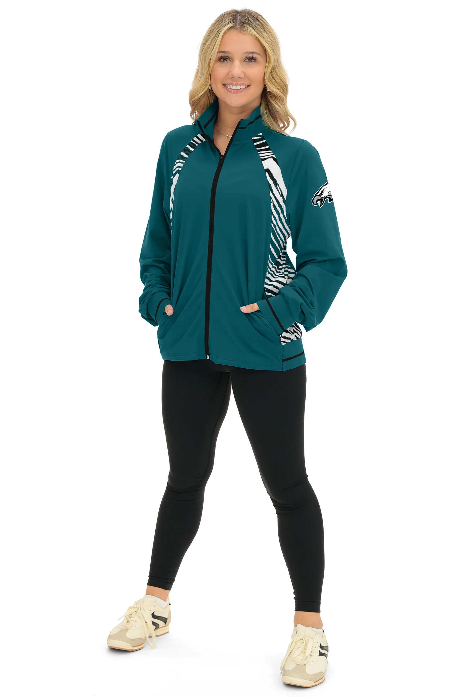 Zubaz NFL Women's Elevated Zebra Ombre Mock Track Full Zip Top, PHILADELPHIA EAGLES - Image 8