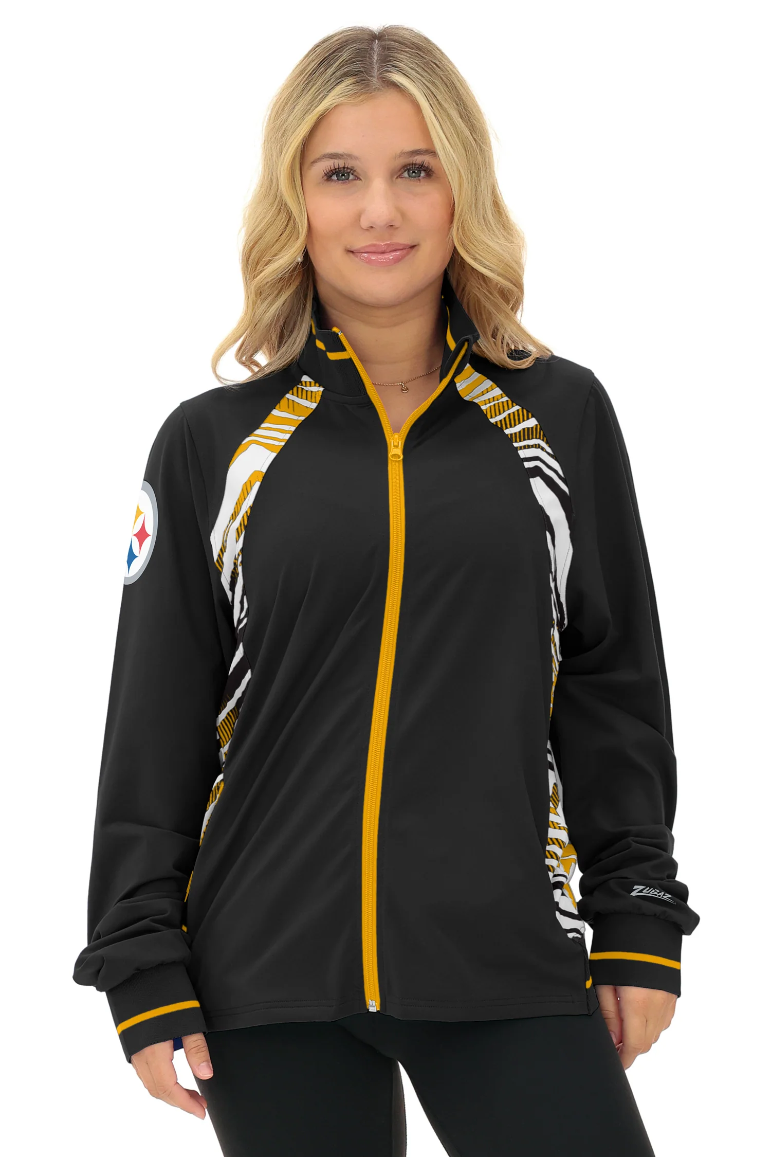 Zubaz NFL Women's Elevated Zebra Ombre Mock Track Full Zip Top, PITTSBURGH STEELERS - Image 22