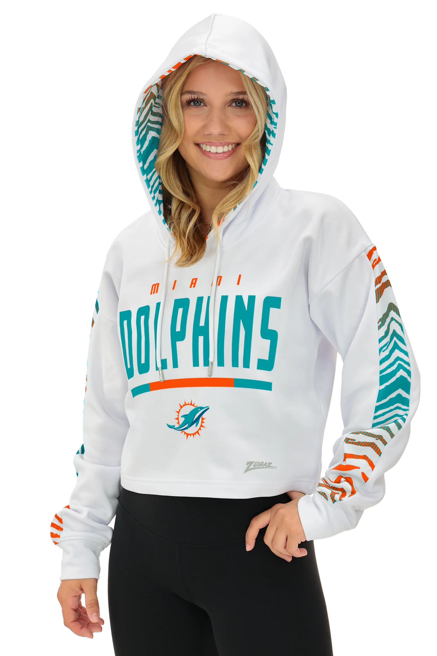 Zubaz NFL   Women's Linebacker Zebra Ombre Crop Top Hoodie, MIAMI DOLPHINS - Image 6
