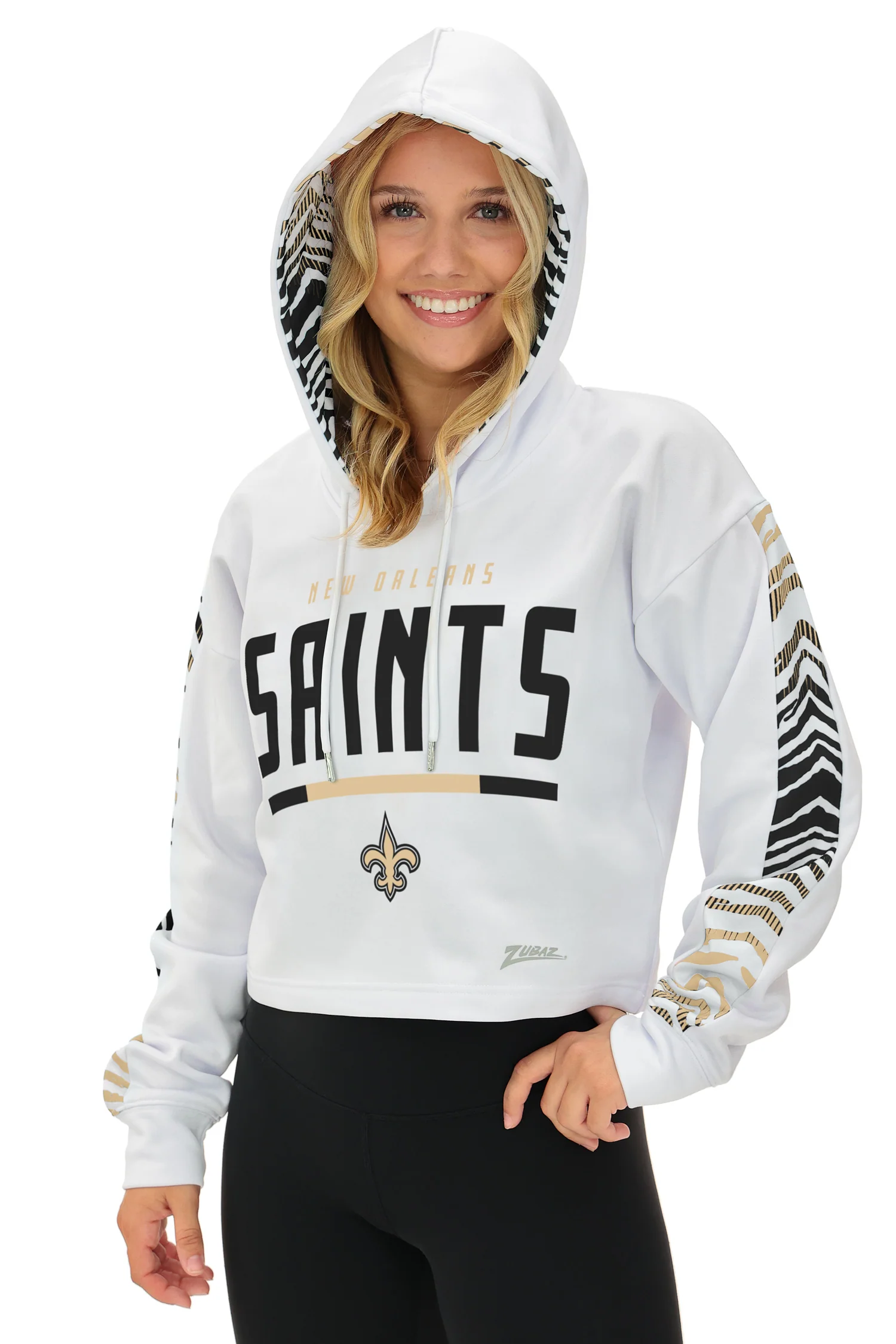Zubaz NFL Women's Linebacker Zebra Ombre Crop Top Hoodie, NEW ORLEANS SAINTS - Image 6