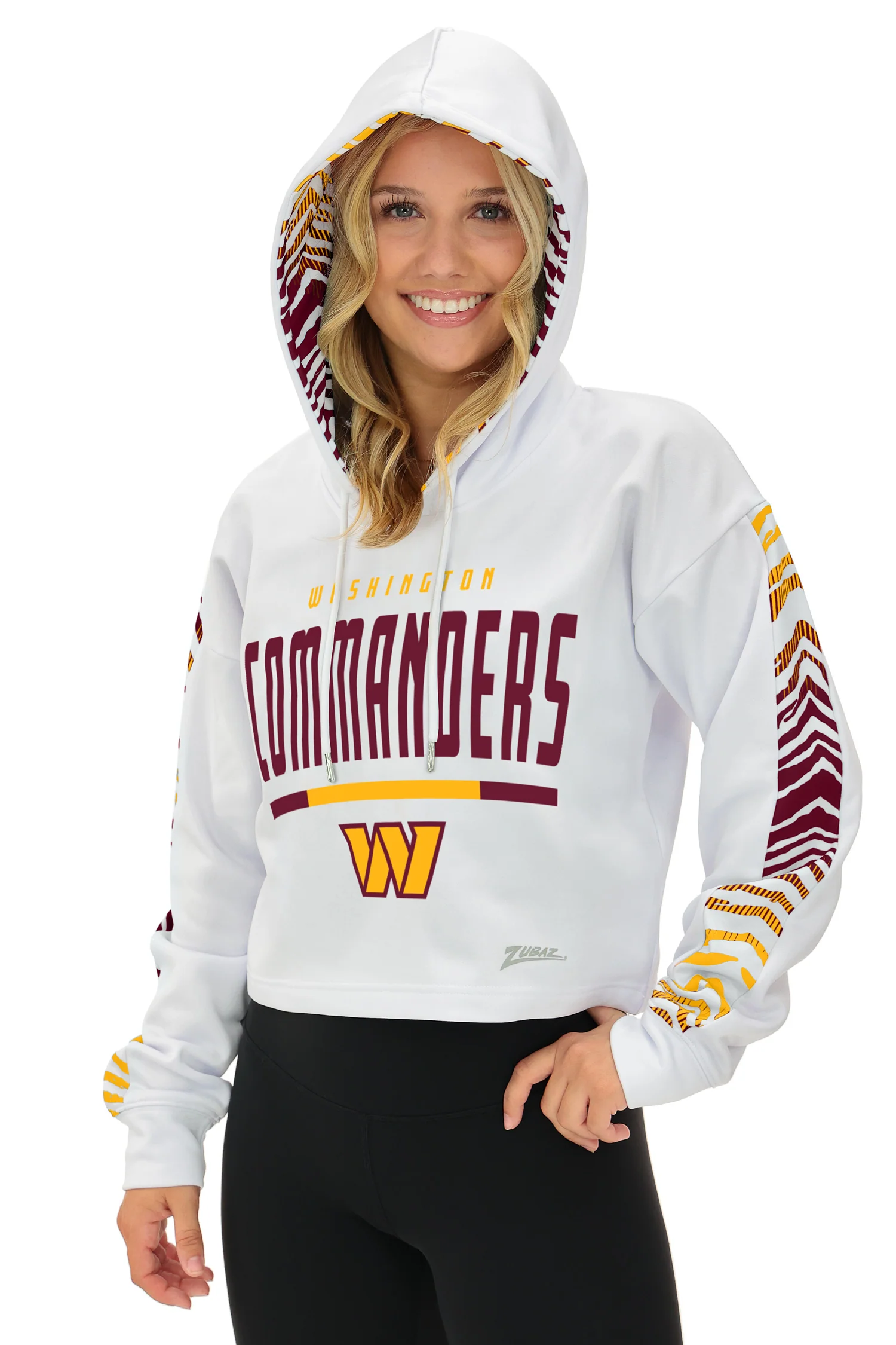 Zubaz NFL   Women's Linebacker Zebra Ombre Crop Top Hoodie, WASHINGTON COMMANDERS - Image 6