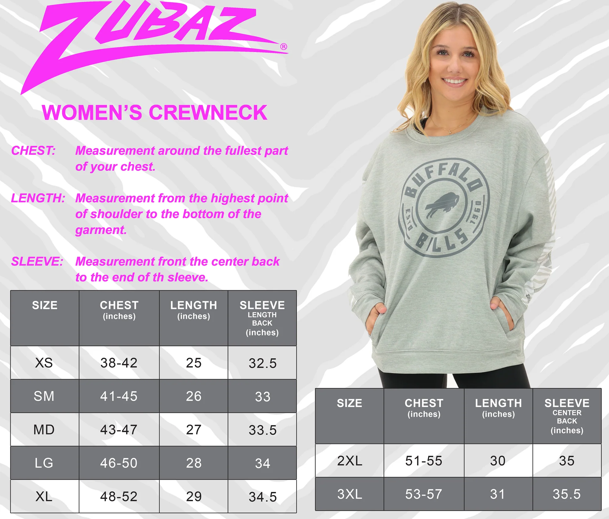 Zubaz NFL Women's Offense 2 Color Tonal Zebra Arm Panels Crewneck with Pockets, CHICAGO BEARS - Image 49