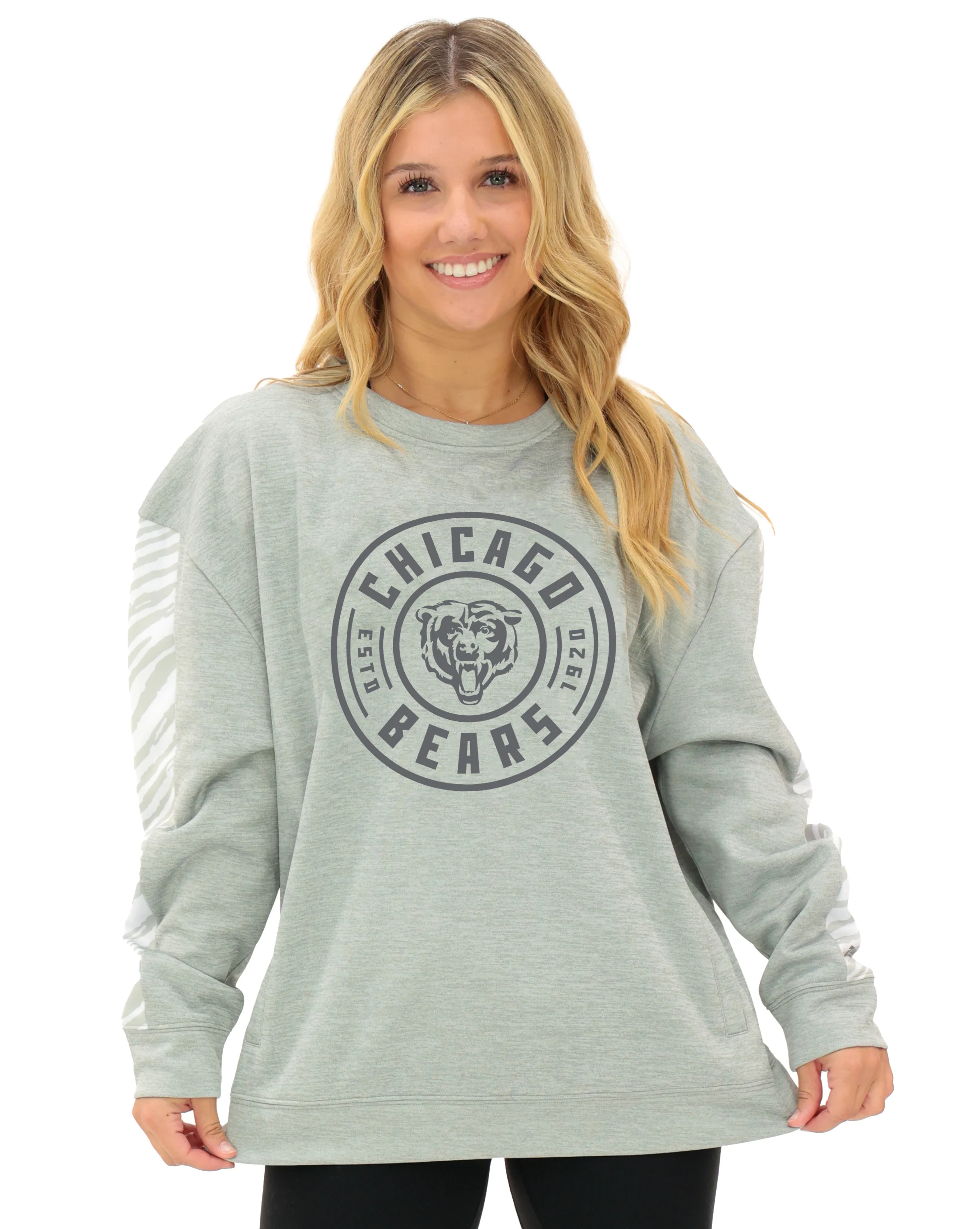 Zubaz NFL Women's Offense 2 Color Tonal Zebra Arm Panels Crewneck with Pockets, CHICAGO BEARS - Image 57