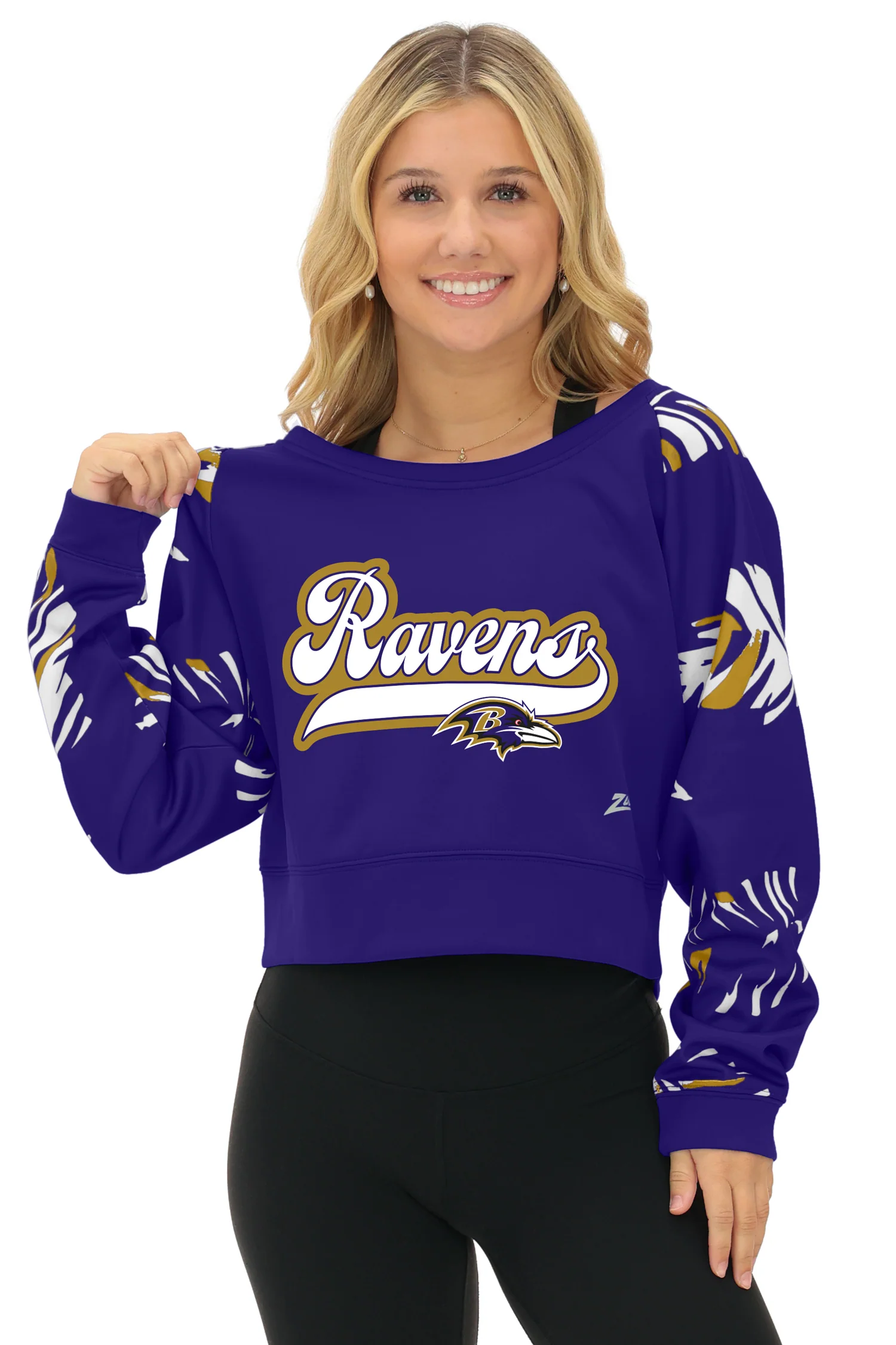 Zubaz NFL Women's Script 3 Color Leaf Boatneck Raglan Crew, BALTIMORE RAVENS - Image 11