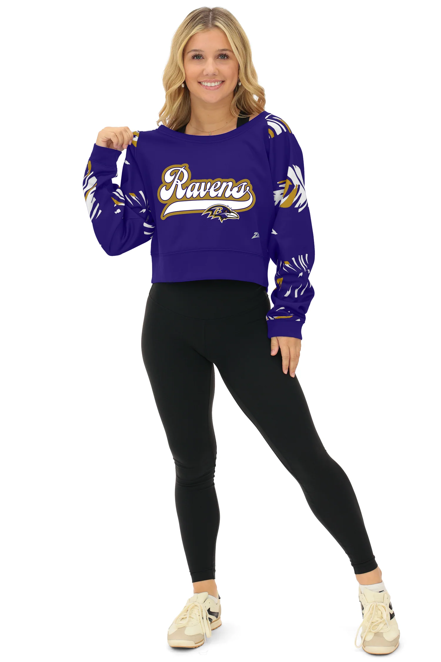 Zubaz NFL Women's Script 3 Color Leaf Boatneck Raglan Crew, BALTIMORE RAVENS - Image 28