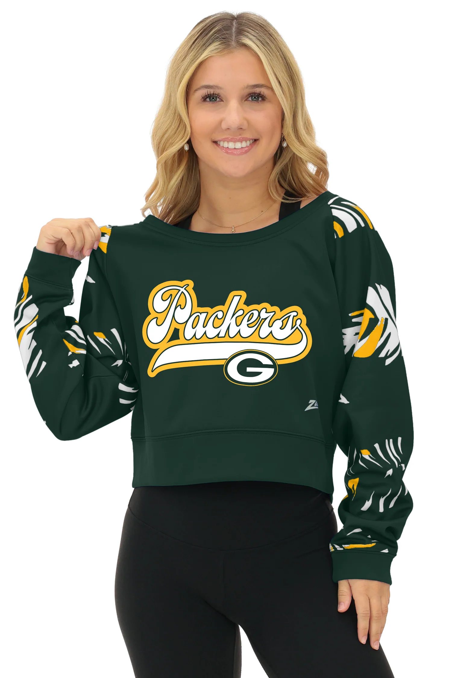 Zubaz NFL Women's Script 3 Color Leaf Boatneck Raglan Crew, GREEN BAY PACKERS - Image 16