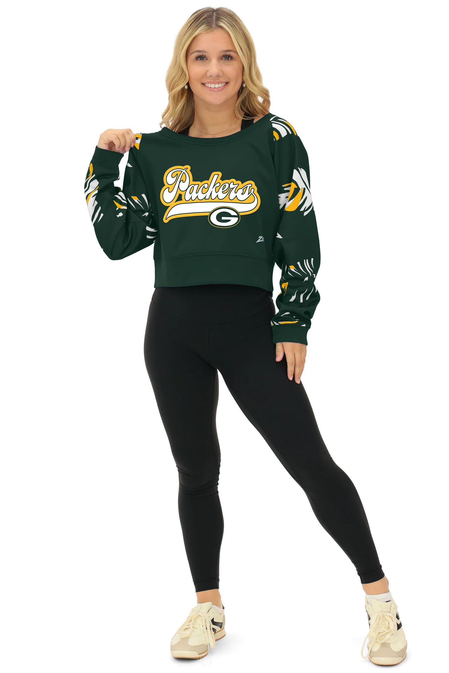 Zubaz NFL Women's Script 3 Color Leaf Boatneck Raglan Crew, GREEN BAY PACKERS - Image 38