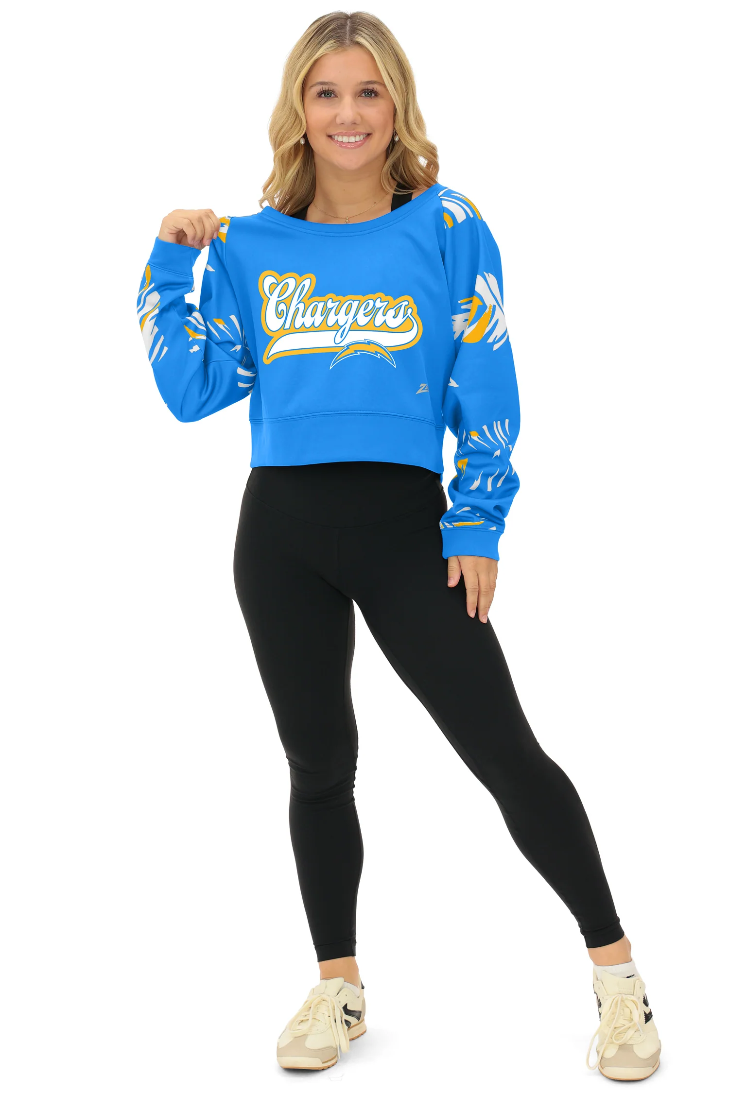 Zubaz NFL Women's Script 3 Color Leaf Boatneck Raglan Crew, LOS ANGELES CHARGERS - Image 4