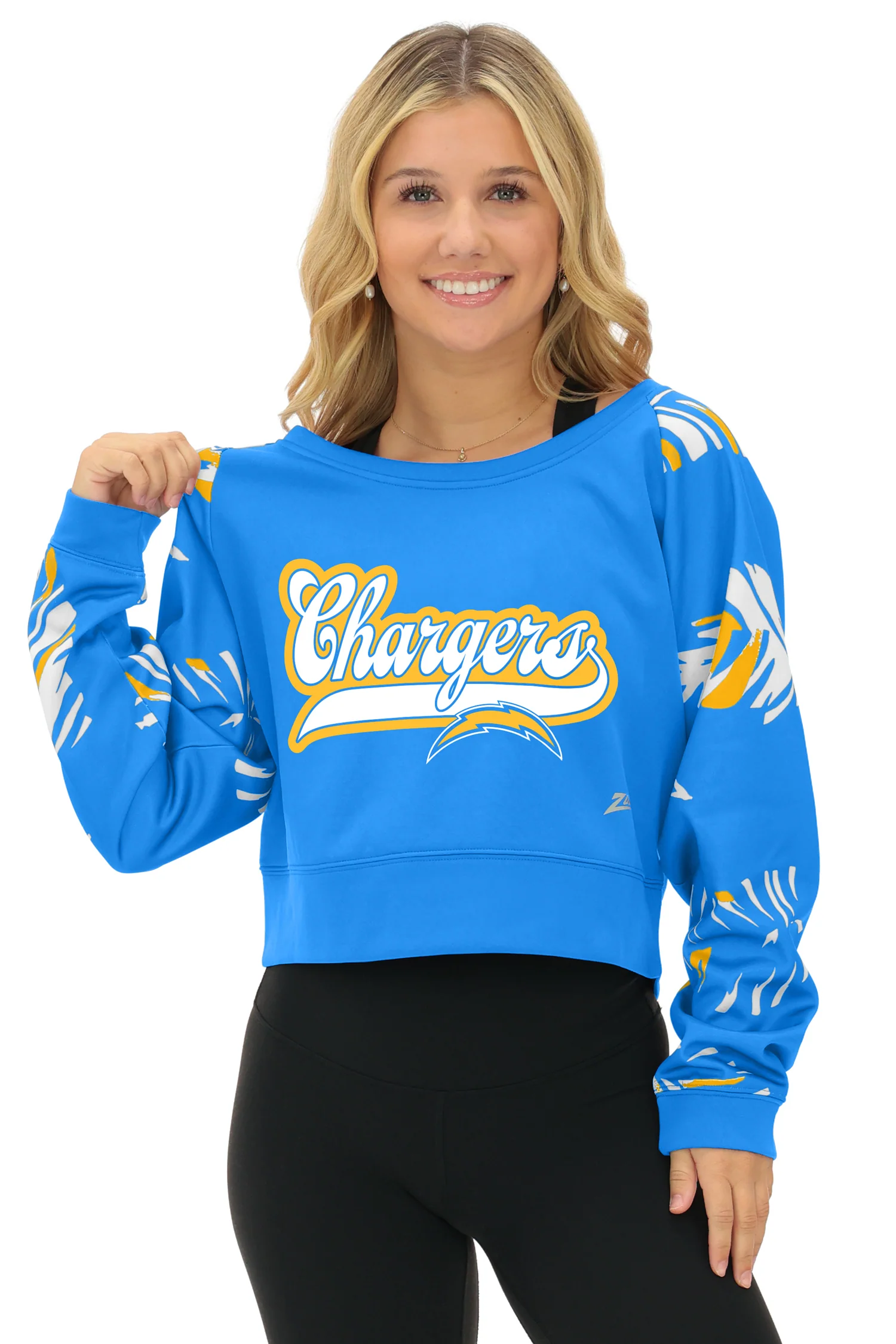 Zubaz NFL Women's Script 3 Color Leaf Boatneck Raglan Crew, LOS ANGELES CHARGERS - Image 41