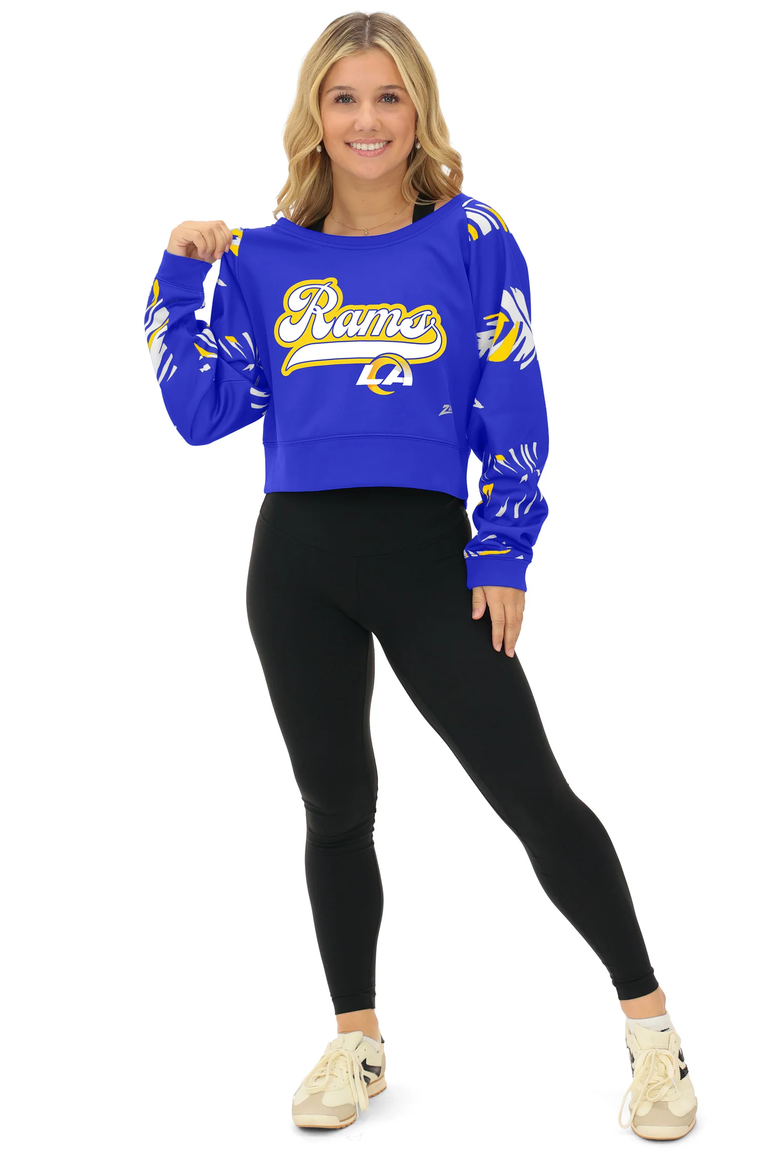 Zubaz NFL Women's Script 3 Color Leaf Boatneck Raglan Crew, LOS ANGELES RAMS - Image 4
